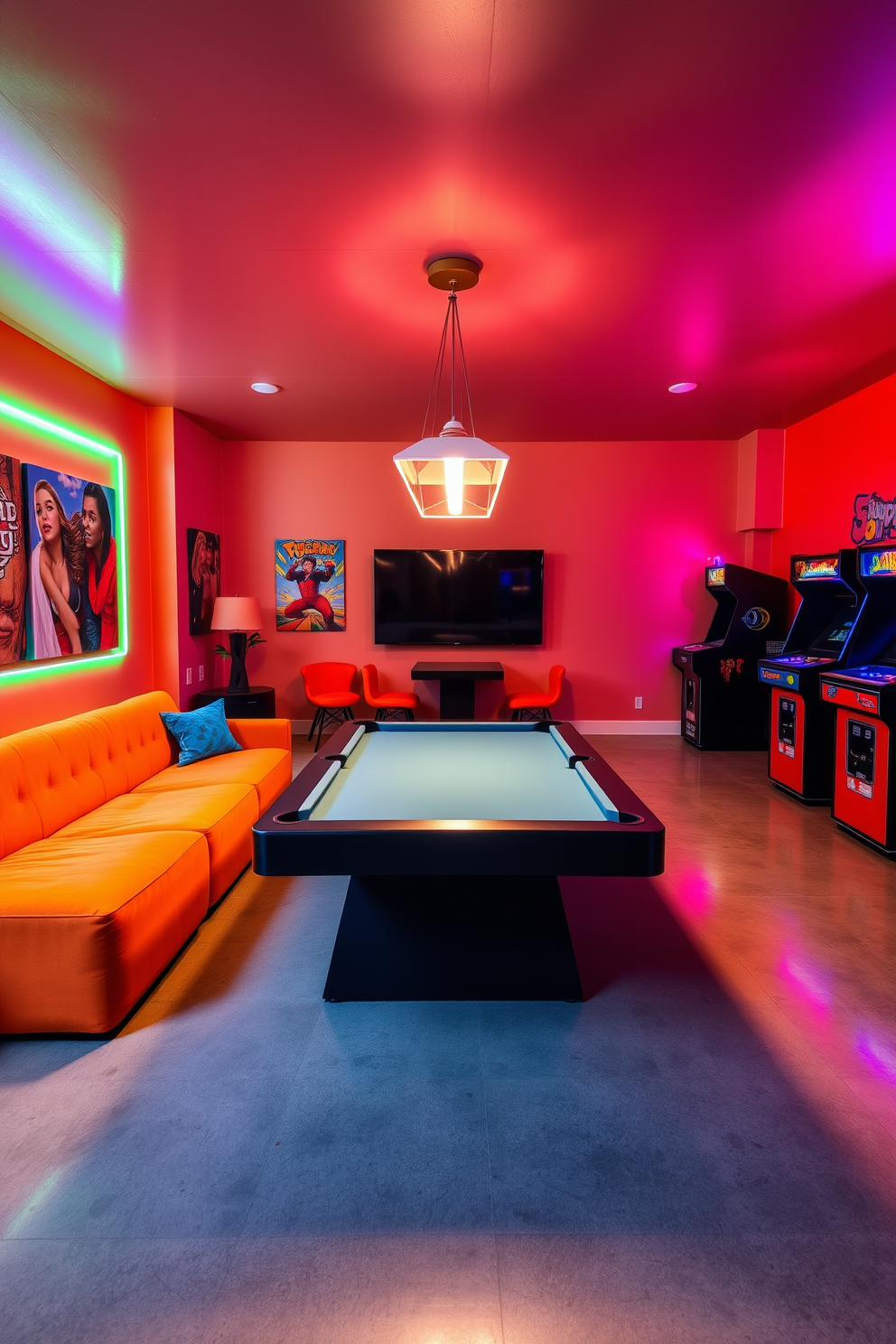 A lively game room featuring bright neon lights that create a vibrant atmosphere. The walls are adorned with colorful artwork and the furniture includes a large sectional sofa in a bold color. A sleek pool table takes center stage, illuminated by a neon light fixture above. The flooring is a polished concrete, and there are retro arcade machines lining one wall for added entertainment.