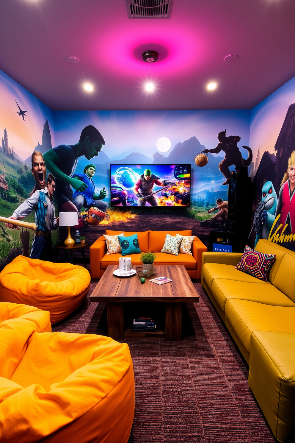 A vibrant game room designed around a favorite video game theme. The walls are adorned with large-scale murals depicting iconic scenes and characters from the game, creating an immersive atmosphere. Comfortable seating is arranged in a cozy layout, featuring plush bean bags and a sectional sofa in bold colors that reflect the game's aesthetic. A coffee table made from reclaimed wood sits at the center, surrounded by themed accessories and collectible memorabilia.