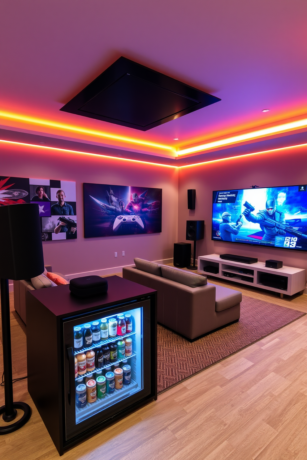 A modern home game room featuring a surround sound system for an immersive experience. The room is equipped with plush seating, a large screen for gaming, and ambient lighting that enhances the atmosphere. The walls are adorned with gaming-themed artwork, and a sleek console table holds various gaming devices. A mini-fridge stocked with beverages is conveniently placed nearby, ensuring a comfortable and entertaining environment.