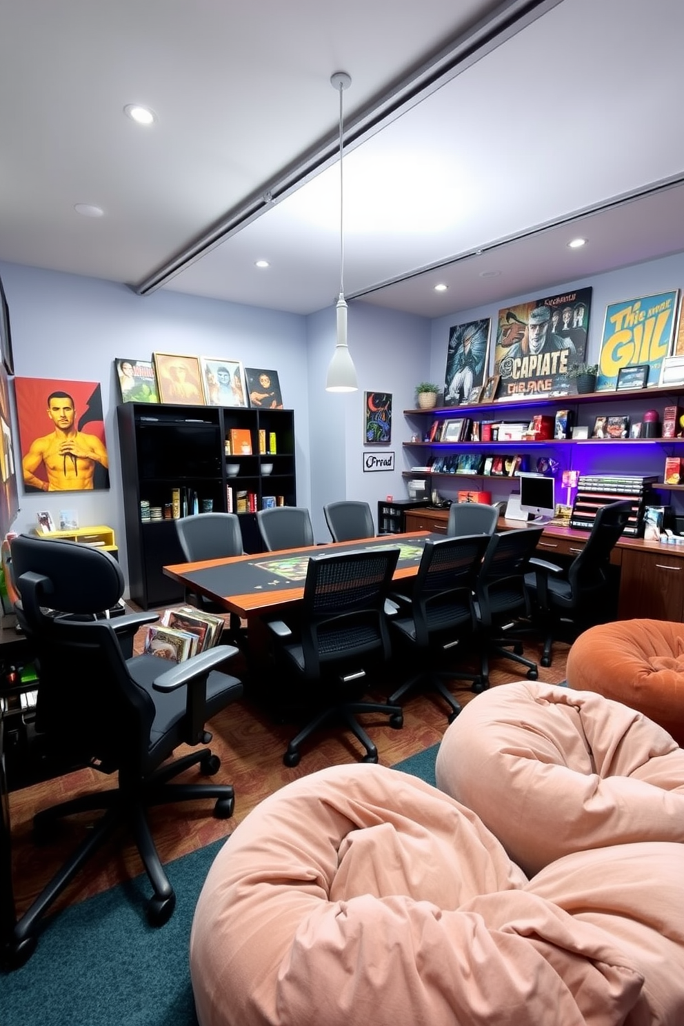 A vibrant tabletop gaming area designed for comfort and creativity. The space features a large, sturdy gaming table surrounded by ergonomic chairs, with ample overhead lighting to enhance visibility. The walls are adorned with colorful artwork and shelves filled with board games and collectibles. A cozy seating nook with plush bean bags invites relaxation and conversation between games.