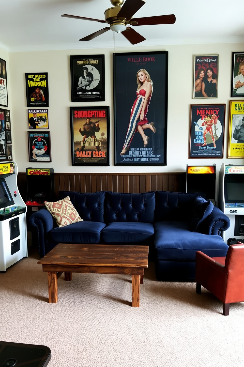 A cozy game room featuring vintage posters that add a classic touch to the decor. The walls are adorned with a collection of framed retro movie and music posters, creating a nostalgic atmosphere. In the center, a plush sectional sofa in deep navy provides ample seating for friends and family. A rustic wooden coffee table sits in front, surrounded by a few vintage arcade machines for entertainment.