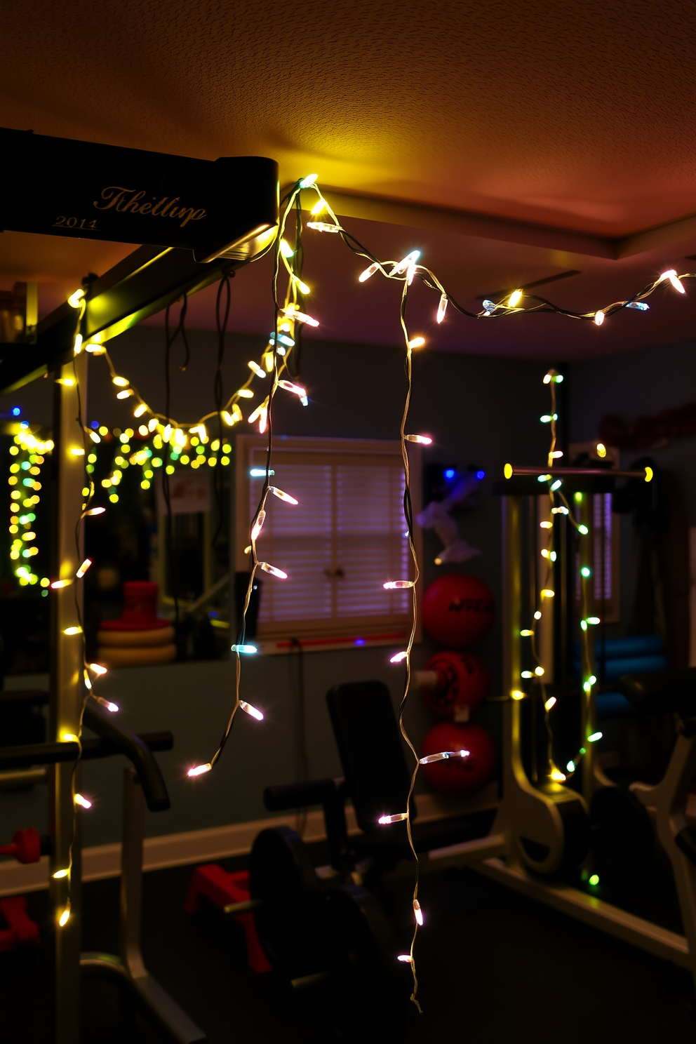 A vibrant home gym adorned with festive string lights draped over various gym equipment. The lights twinkle warmly, creating a cheerful atmosphere that inspires motivation and holiday spirit.