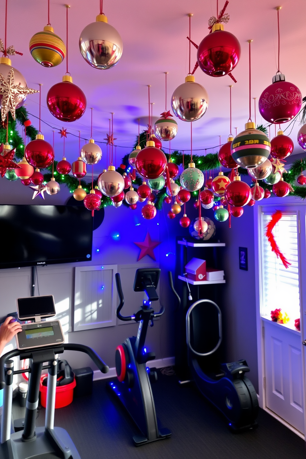 A cozy home gym adorned with festive Christmas ornaments hanging from the ceiling. The space features exercise equipment surrounded by vibrant decorations, creating a cheerful and motivating atmosphere for workouts.