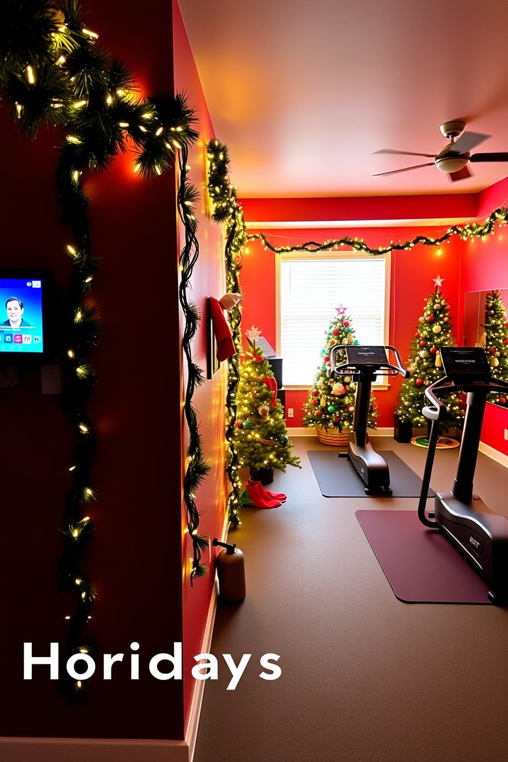 A vibrant home gym decorated for the holidays. The walls are adorned with festive garlands and twinkling lights, creating a cheerful atmosphere for workouts. A sleek workout area featuring modern exercise equipment. In one corner, a small Christmas tree adds a touch of holiday spirit, while a colorful holiday music playlist plays in the background.