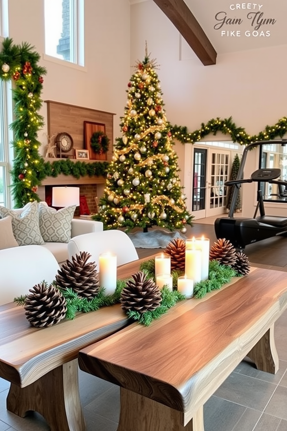 Pinecone centerpieces are arranged artfully on rustic wooden benches. The benches are placed in a cozy living space adorned with warm lighting and seasonal decor. The home gym features sleek modern equipment with a focus on functionality and aesthetics. Large windows allow natural light to flood the space, creating an inviting atmosphere for workouts. Christmas decorating ideas include a beautifully adorned tree with twinkling lights and elegant ornaments. Festive garlands drape over mantels and doorways, enhancing the holiday spirit throughout the home.