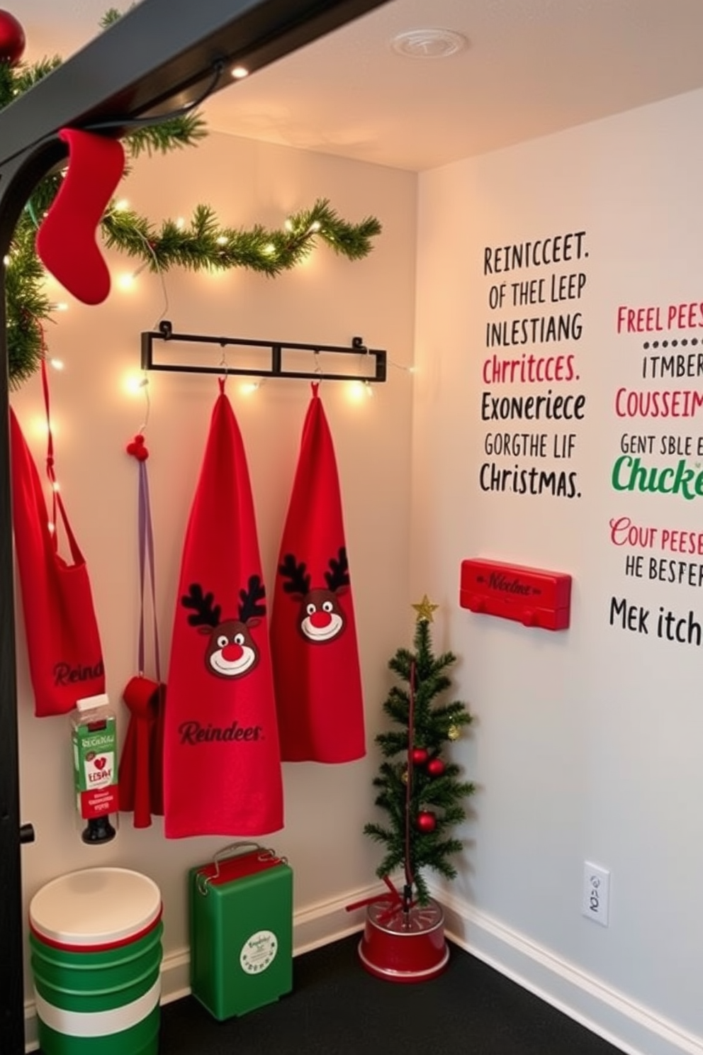 A cozy home gym decorated for Christmas features reindeer-themed workout towels hanging on a rack. The space is adorned with festive accents like string lights and a small Christmas tree in the corner, creating a cheerful atmosphere for workouts. Incorporate red and green colors throughout the decor, with matching accessories that complement the reindeer theme. The walls are adorned with motivational quotes in playful fonts, enhancing the holiday spirit while inspiring fitness goals.