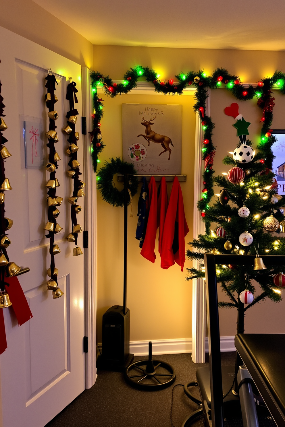 A festive home gym adorned with jingle bells hanging from the doors creates a cheerful atmosphere. The walls are decorated with holiday-themed artwork and string lights, enhancing the seasonal spirit. Colorful garlands drape over workout equipment, adding a touch of holiday flair. A small Christmas tree stands in the corner, adorned with fitness-themed ornaments and twinkling lights.