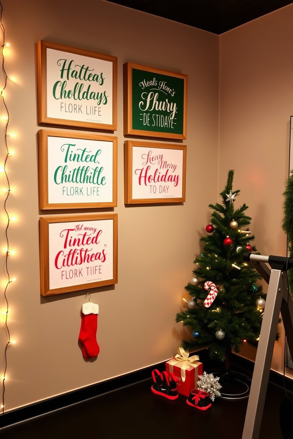 Festive wall art featuring holiday quotes. The artwork showcases a collection of vibrant prints with inspirational holiday sayings in elegant typography, framed in rustic wood to enhance the seasonal charm. Home gym Christmas decorating ideas. The space is adorned with twinkling string lights, a small evergreen tree in the corner, and holiday-themed workout gear, creating a cheerful and motivating atmosphere for fitness during the festive season.