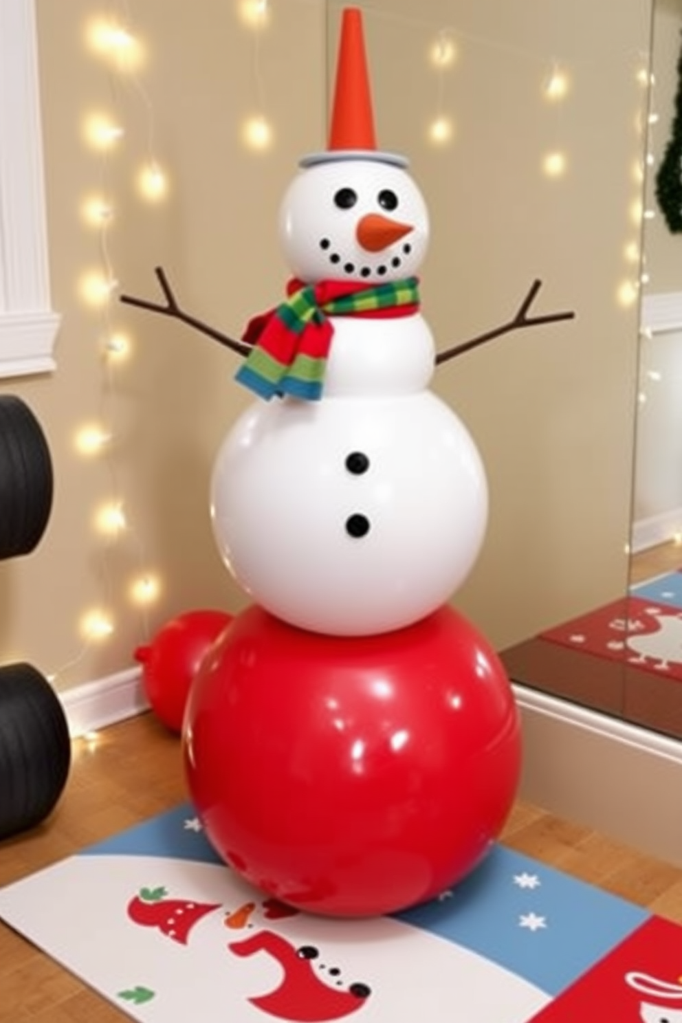 A playful DIY snowman made from exercise balls is a fun and unique holiday decoration. The snowman features three stacked exercise balls, each painted white, with a colorful scarf and a carrot nose made from a foam cone. Transform your home gym into a festive space with creative Christmas decorating ideas. Hang string lights around the equipment and place holiday-themed workout mats for an inviting atmosphere.