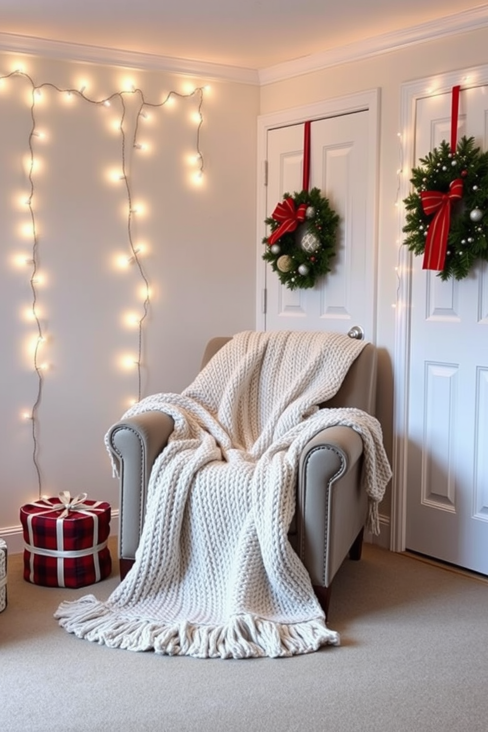 Cozy blankets for post-workout relaxation. A soft, oversized knit blanket drapes over a plush armchair in a serene corner of the home gym, providing a warm spot to unwind after an intense workout session. Home Gym Christmas Decorating Ideas. Twinkling fairy lights are strung along the walls, and a festive wreath hangs on the door, creating a cheerful atmosphere that blends holiday spirit with fitness motivation.