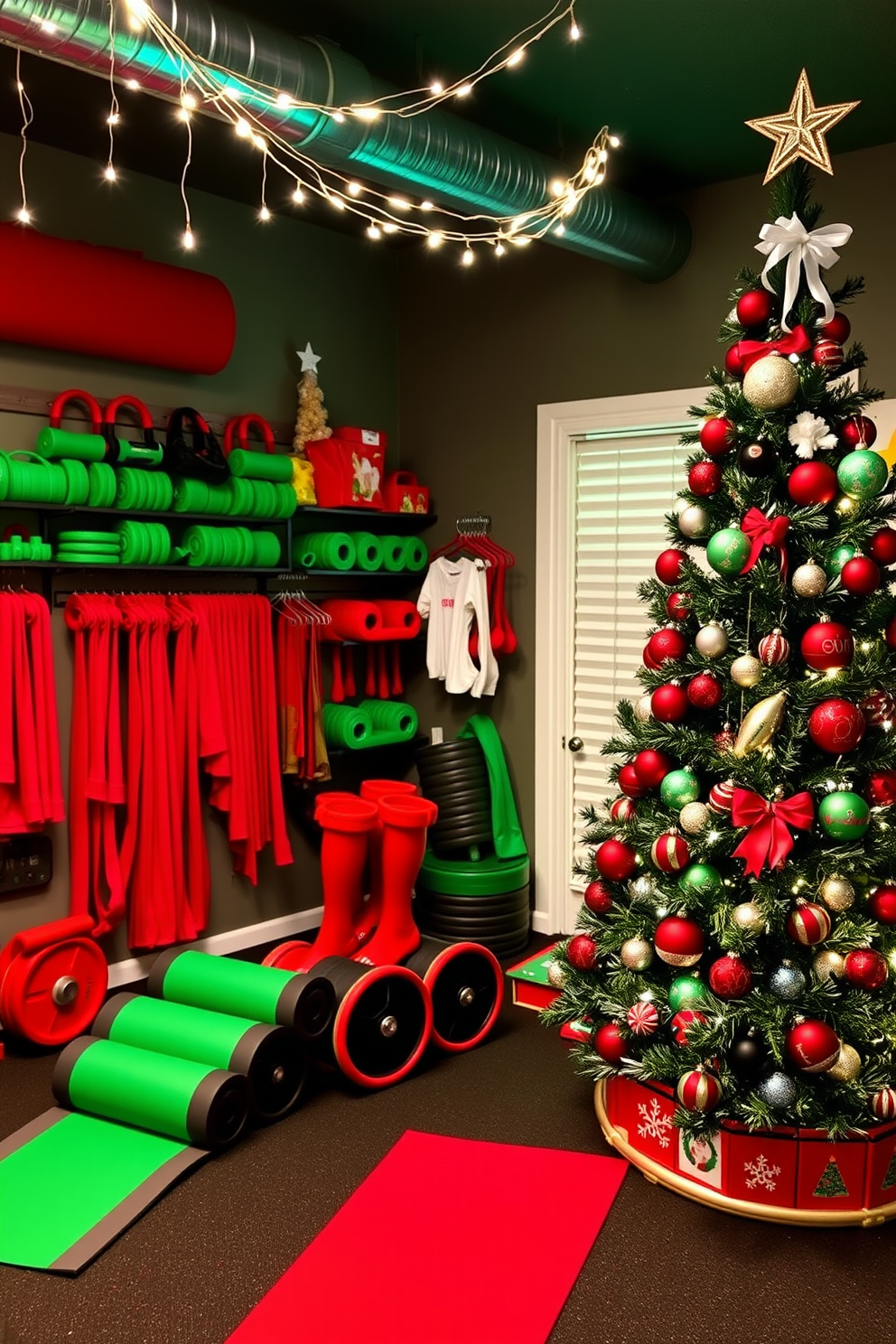 A festive home gym decorated for Christmas. The space features a vibrant display of workout gear in red and green, with holiday-themed weights and yoga mats arranged neatly. Twinkling string lights hang from the ceiling, creating a warm glow. A large Christmas tree adorned with fitness-themed ornaments stands proudly in one corner, adding a cheerful touch to the workout area.