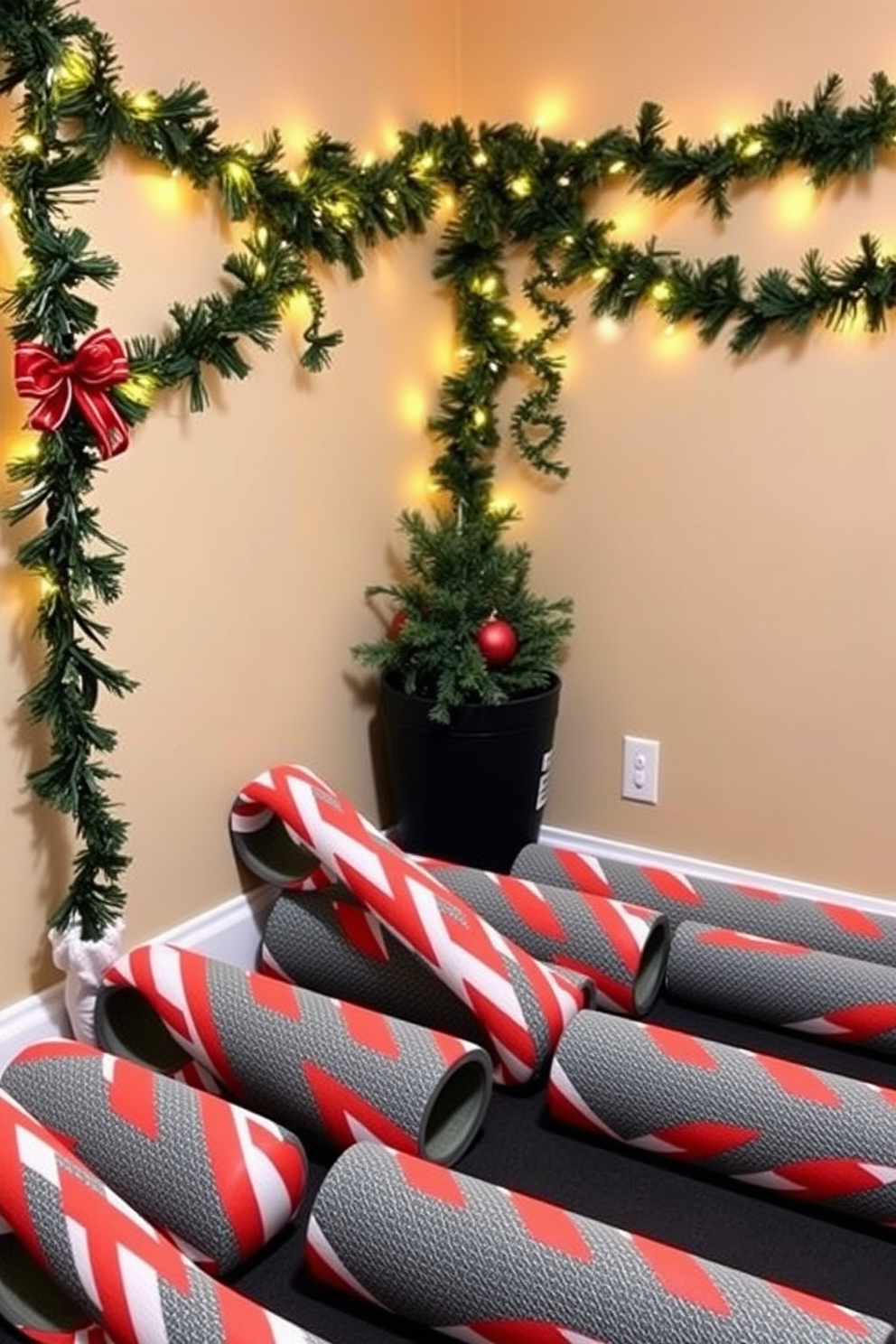 A cozy home gym decorated for Christmas features candy cane striped foam rollers neatly arranged in a corner. The walls are adorned with festive garlands and twinkling fairy lights, creating a cheerful atmosphere for workouts.