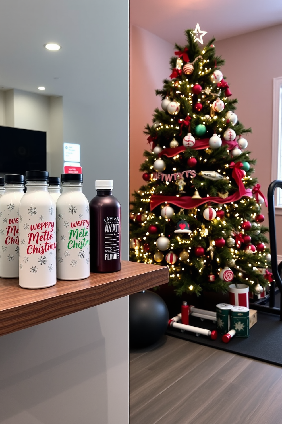 Holiday themed water bottles on display. The bottles feature festive designs with snowflakes and holiday colors arranged on a sleek wooden shelf. Home gym decorated for Christmas. The space includes a large Christmas tree in the corner, adorned with workout-themed ornaments and twinkling lights.