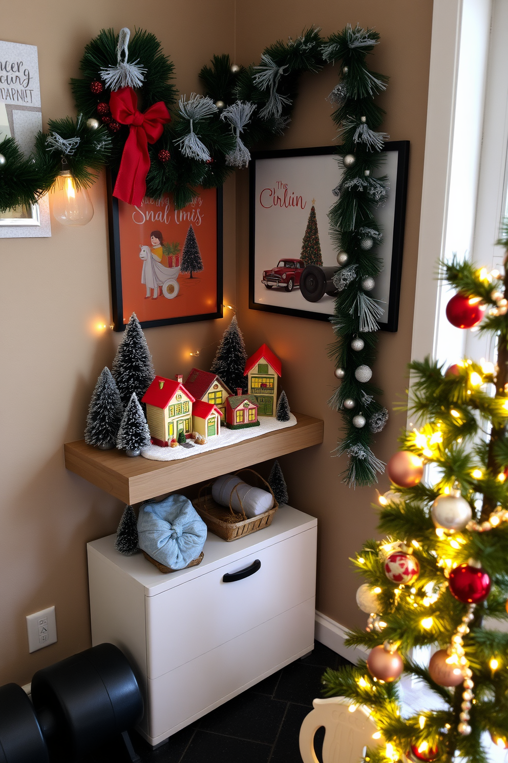 A charming miniature village scene is set up in a cozy workout area. Tiny houses with colorful roofs are arranged on a wooden shelf, surrounded by miniature trees and festive lights. For Christmas decorating ideas in a home gym, incorporate holiday-themed wall art and garlands. A small Christmas tree can be placed in the corner, adorned with workout-themed ornaments and twinkling lights.