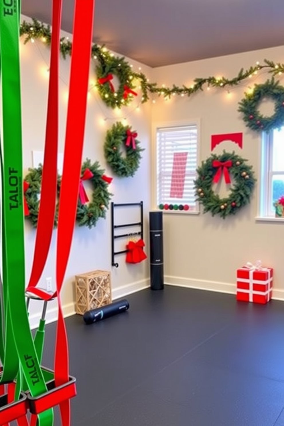 A vibrant home gym featuring themed resistance bands in holiday colors. The walls are adorned with festive decorations, including wreaths and string lights, creating a cheerful atmosphere for workouts.