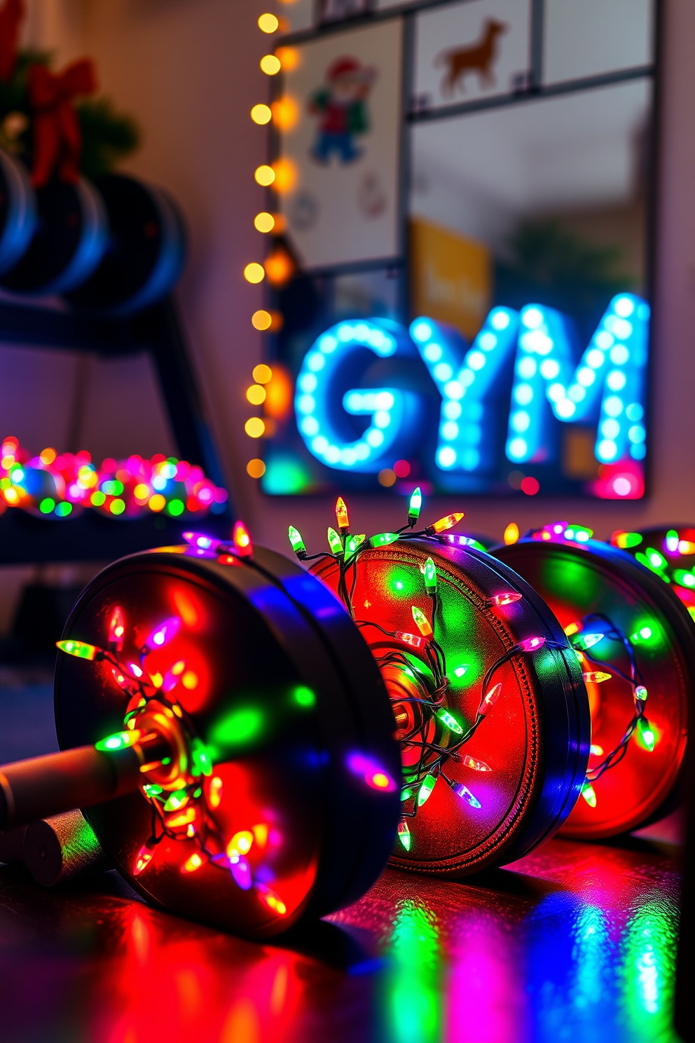 A cozy home gym decorated for Christmas features dumbbells wrapped in colorful Christmas lights. The warm glow of the lights creates a festive atmosphere, enhancing the space for workouts during the holiday season.