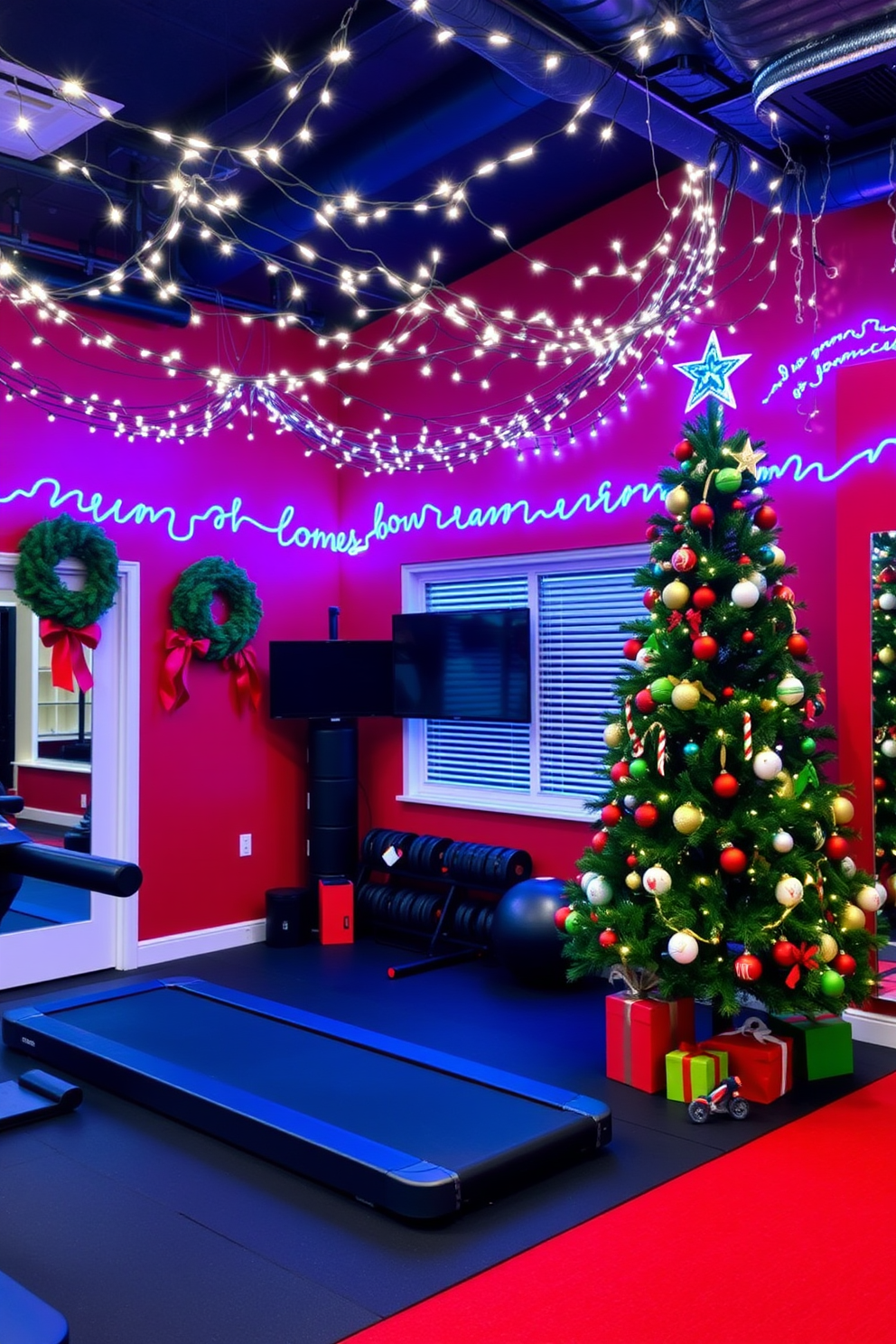 A home gym decorated for Christmas features a vibrant red and green color scheme. Twinkling fairy lights are strung across the ceiling, and a large Christmas tree stands in the corner adorned with fitness-themed ornaments. Incorporate holiday-themed fitness challenges for members to boost motivation. Set up stations for activities like a holiday-themed obstacle course or a festive workout class with seasonal music.