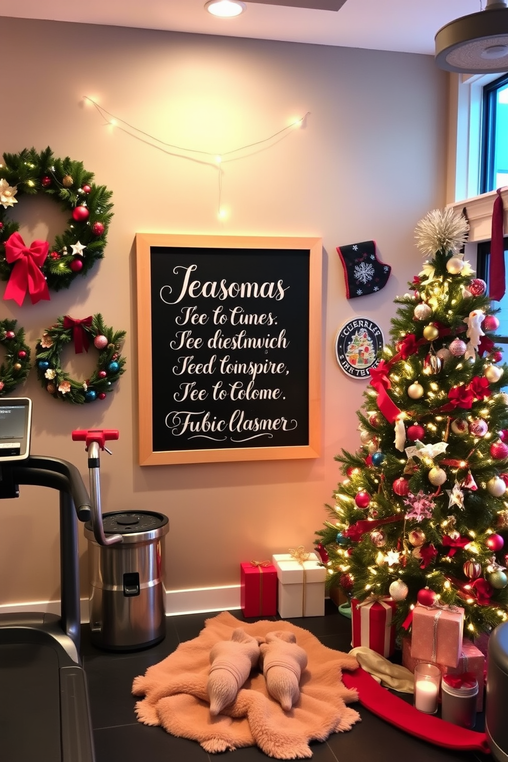 A chalkboard displays seasonal motivational quotes in elegant handwriting. Surrounding the board are decorative elements like garlands and fairy lights to enhance the ambiance. The home gym is designed with modern equipment and vibrant colors to inspire fitness. Seasonal decorations like wreaths and festive banners add a cheerful touch to the workout space. Christmas decorating ideas include a beautifully adorned tree with twinkling lights and colorful ornaments. Cozy elements like plush throws and festive centerpieces create a warm and inviting atmosphere.