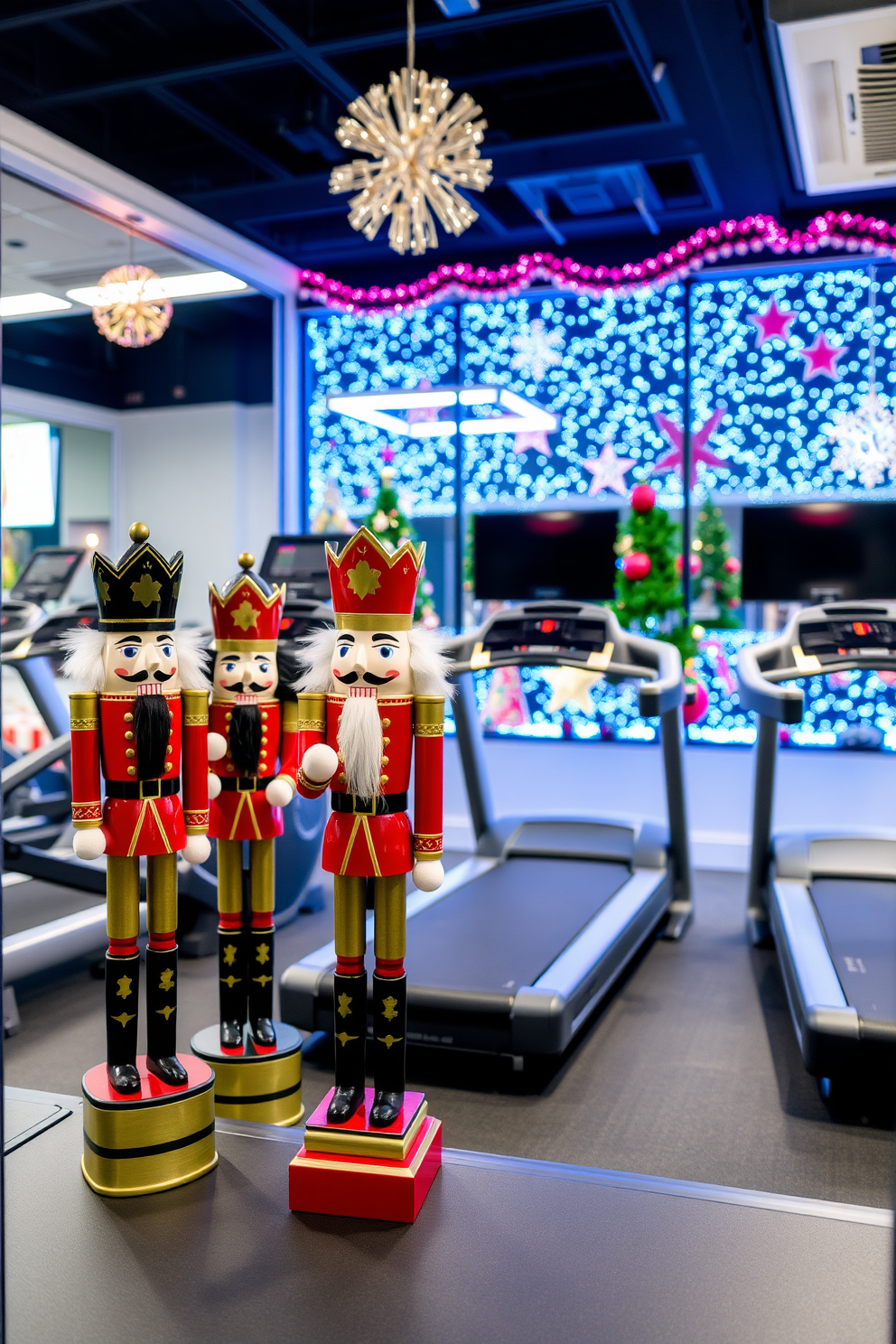 Nutcracker figures are strategically placed near a modern workout space, adding a festive touch to the environment. The gym features sleek exercise equipment with a backdrop of vibrant holiday decorations, creating an inviting atmosphere for fitness during the holidays.