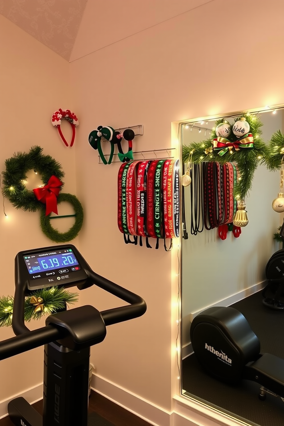 Create a cozy home gym decorated for the holidays. Incorporate fun holiday headbands displayed on a wall-mounted rack, with vibrant colors and festive designs that inspire a joyful workout atmosphere. Adorn the gym space with Christmas-themed decorations, such as garlands draped over exercise equipment and twinkling fairy lights around mirrors. Use a color palette of red, green, and gold to enhance the festive spirit while maintaining a functional workout environment.