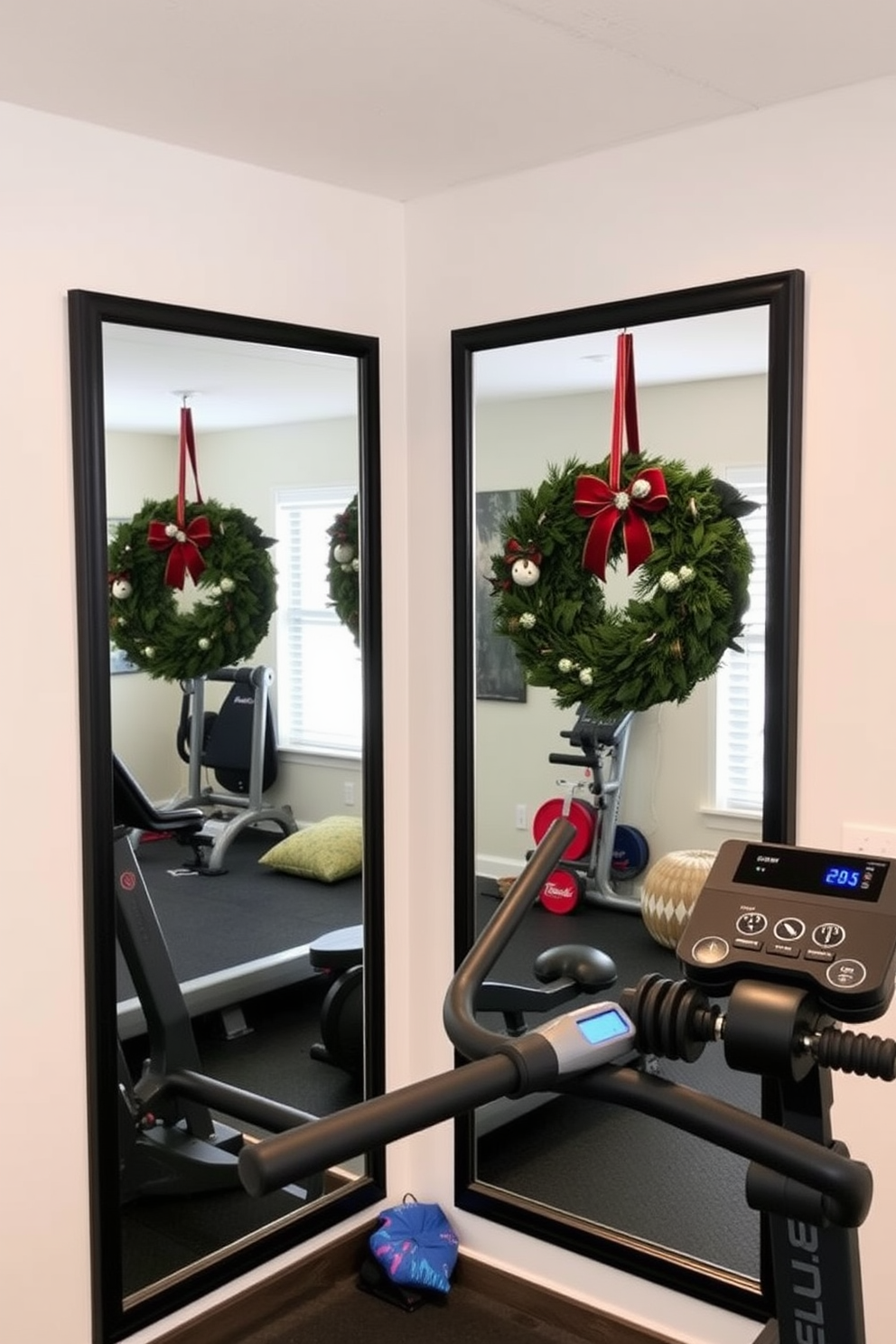 Create a cozy home gym setting adorned with holiday wreaths on the mirrors. The space is filled with fitness equipment, and the wreaths add a festive touch to the workout environment.