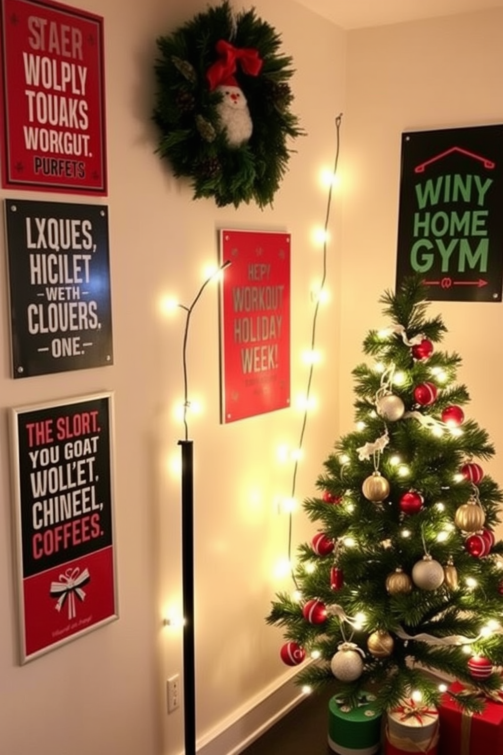 Create a cozy home gym decorated for Christmas. The walls are adorned with festive posters featuring motivational workout quotes and holiday-themed graphics. Incorporate a Christmas tree in the corner, decorated with fitness-themed ornaments. Use string lights to enhance the festive atmosphere while maintaining a functional workout space.