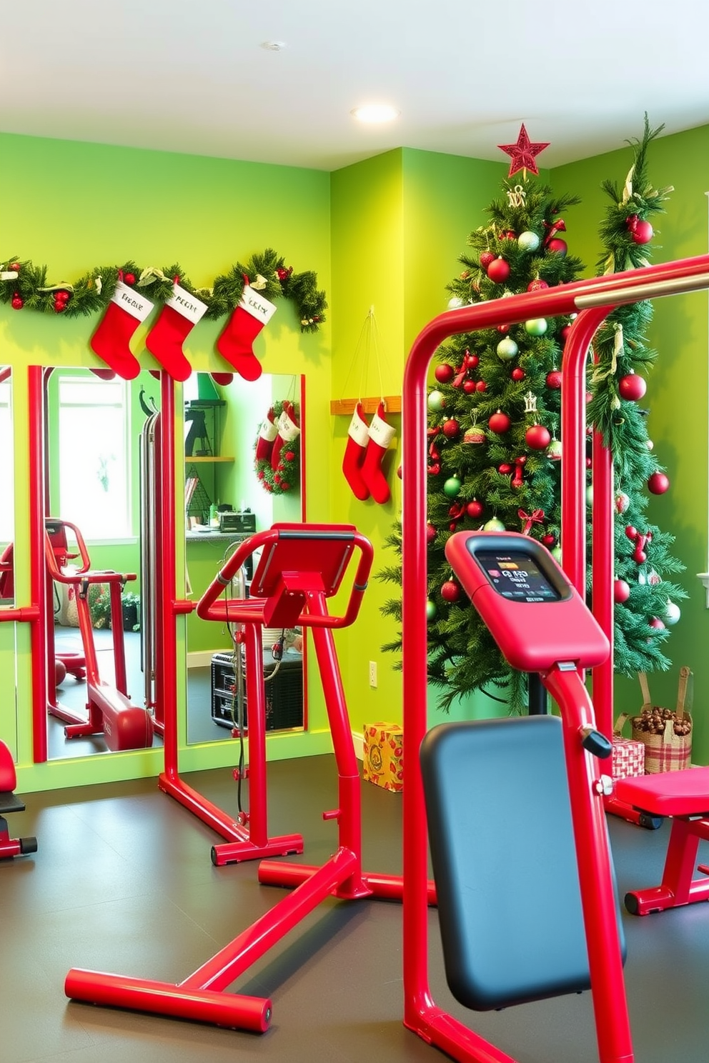 A vibrant home gym adorned with red and green accents for the Christmas season. The walls are painted in a soft green, while red exercise equipment adds a festive touch throughout the space. A large Christmas tree stands in one corner, decorated with red and green ornaments. Stockings hang from a nearby shelf, and festive garlands drape over the mirrors, creating a cheerful workout environment.