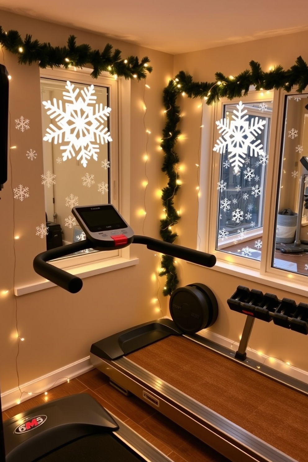 A cozy home gym decorated for Christmas. Snowflake decals adorn the windows and walls, creating a festive atmosphere while maintaining a focus on fitness. The space features a sleek treadmill and weights neatly arranged. Twinkling fairy lights wrap around the mirrors, adding a warm glow to the workout environment.