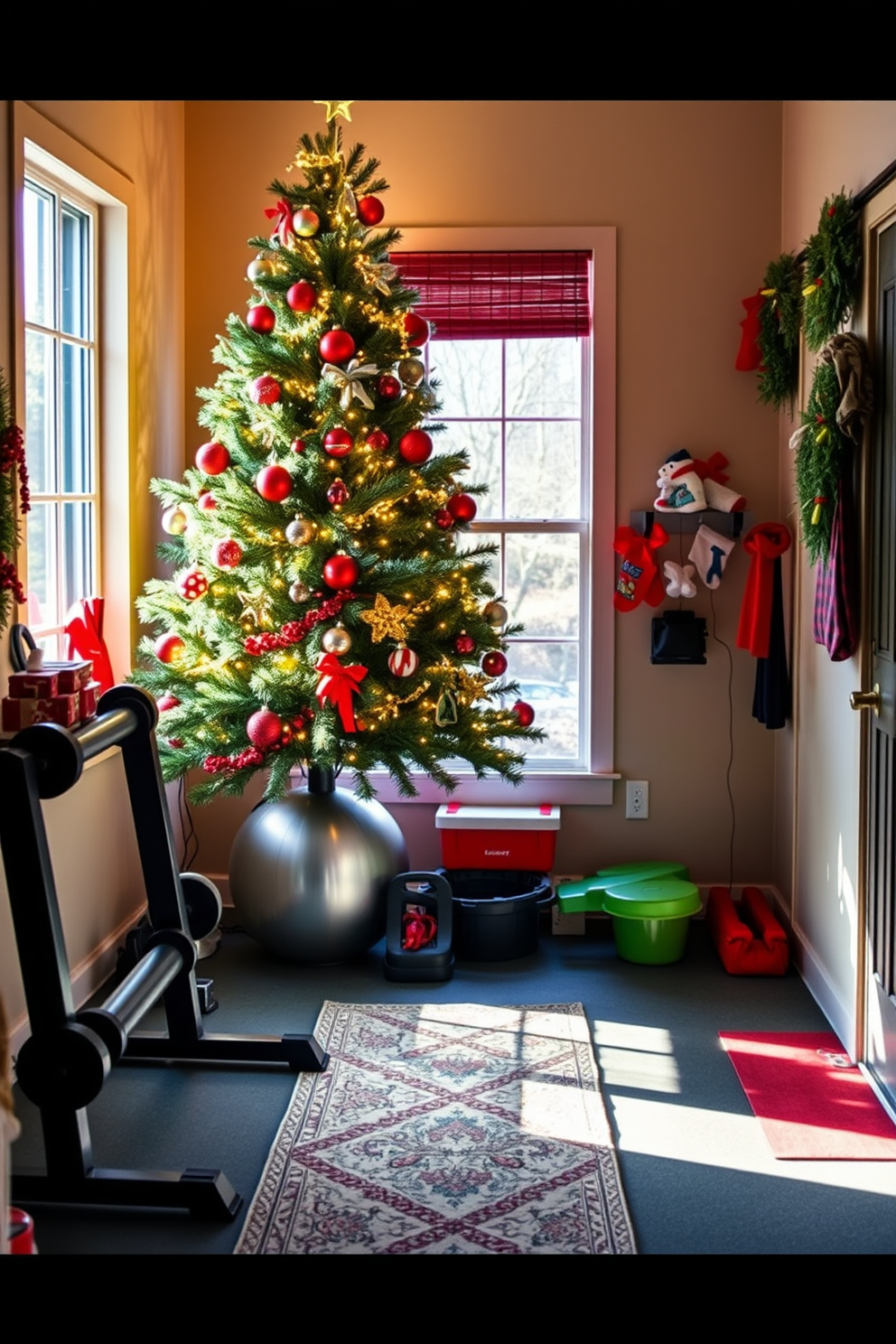 A cozy home gym corner features a beautifully decorated Christmas tree adorned with twinkling lights and colorful ornaments. The tree stands next to a set of weights and exercise equipment, creating a festive yet functional workout space. Bright red and green accents are incorporated throughout the gym, with holiday-themed workout gear and a festive rug on the floor. A large window allows natural light to filter in, highlighting the cheerful decorations and creating an inviting atmosphere for holiday fitness.