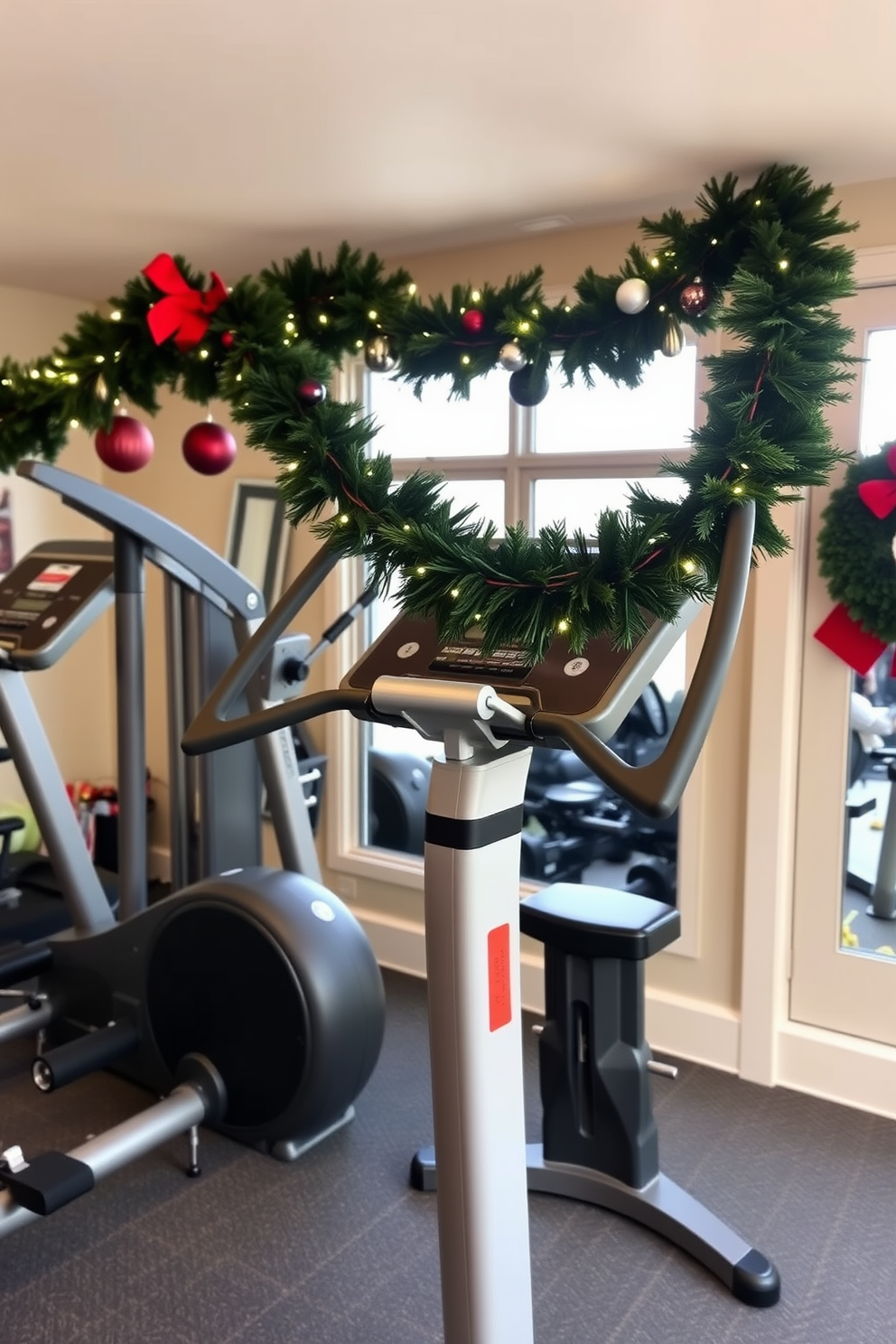 A home gym decorated for Christmas features garlands draped elegantly over various exercise machines. The vibrant greenery adds a festive touch, creating a warm and inviting atmosphere for workouts during the holiday season.