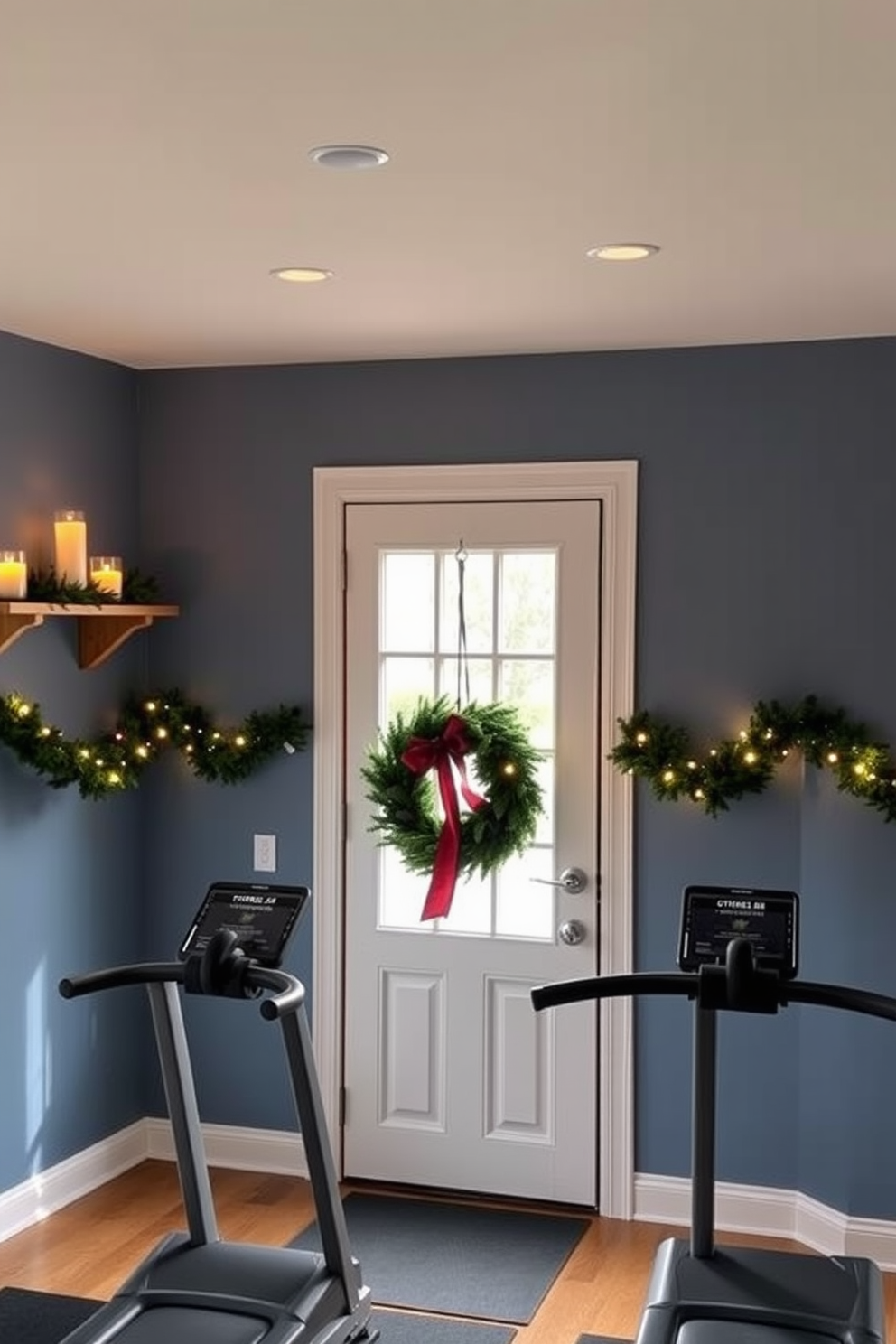 A cozy home gym featuring seasonal scented candles strategically placed on shelves for ambiance. The walls are painted in a calming blue hue, and large windows allow natural light to flood the space. Christmas decorating ideas for the home gym include a festive wreath hanging on the door and garlands draped over the equipment. Soft, twinkling lights are strung around the room to enhance the holiday spirit.