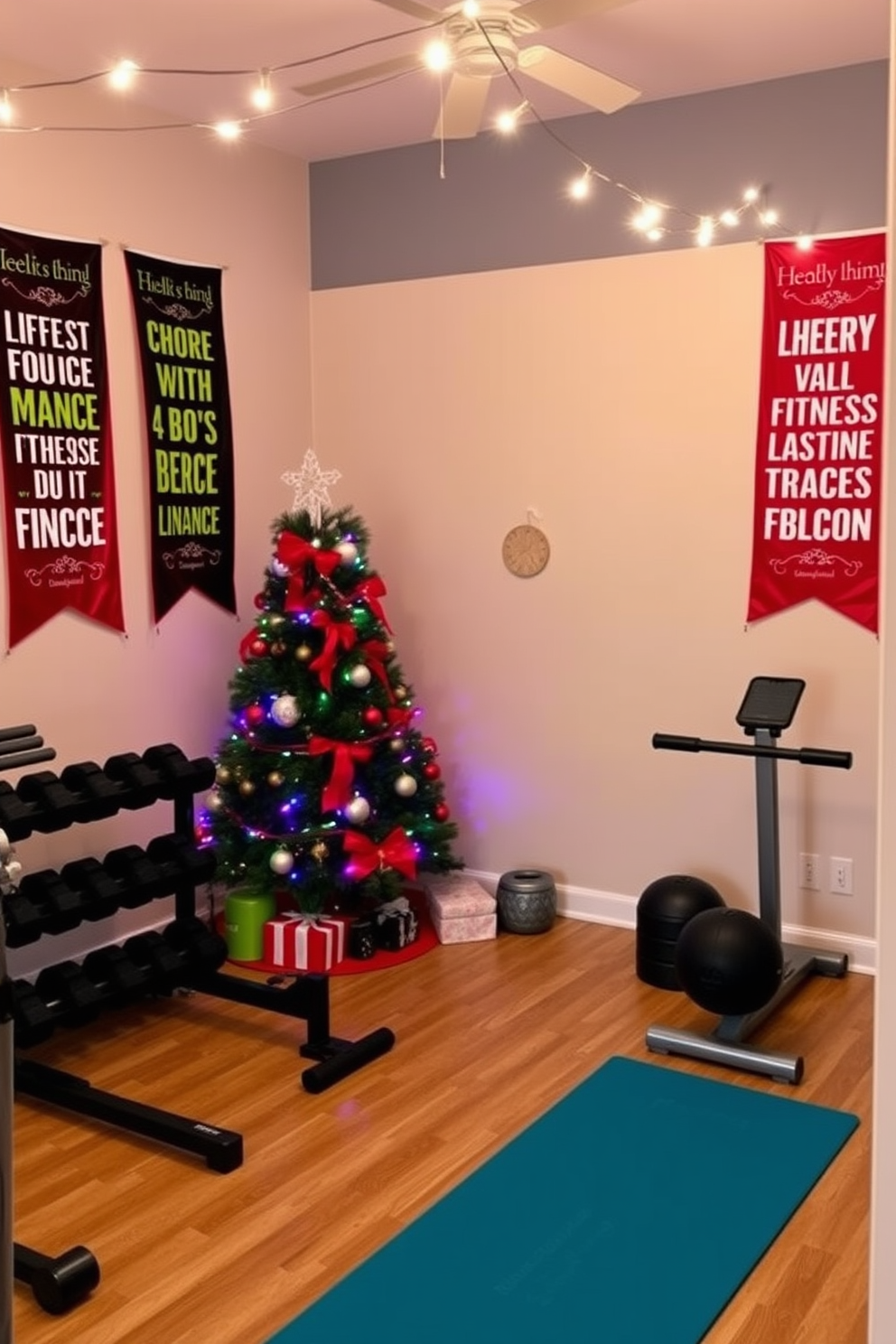 A vibrant home gym decorated for the holiday season. The walls are adorned with festive banners featuring motivational fitness quotes, while a large Christmas tree stands in the corner, decorated with colorful ornaments and lights. Exercise equipment is neatly arranged, with weights and yoga mats placed strategically around the room. String lights hang from the ceiling, creating a warm and inviting atmosphere for holiday workouts.