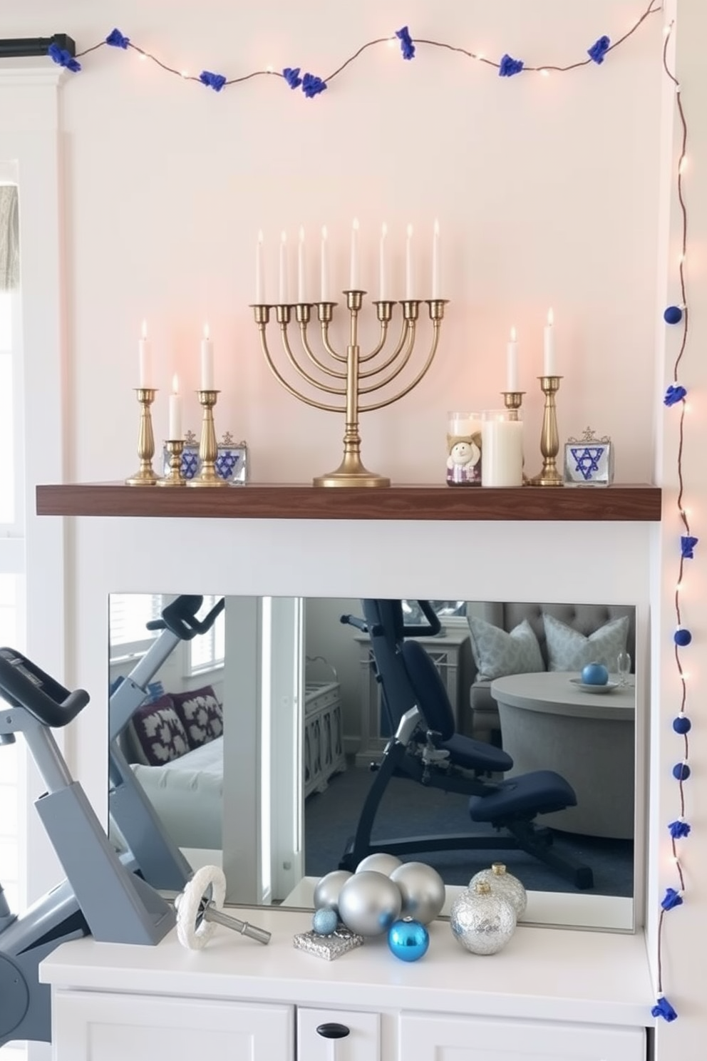 Create a menorah display on a shelf. The menorah is elegantly positioned in the center, surrounded by decorative candles and small festive ornaments. Design a home gym that combines functionality with style. The space features a sleek exercise bike, a set of weights, and a large mirror reflecting the natural light from the windows. Incorporate Hanukkah decorating ideas throughout the home. Use blue and silver accents to create a festive atmosphere, with string lights and themed decorations adorning the living room and dining area.