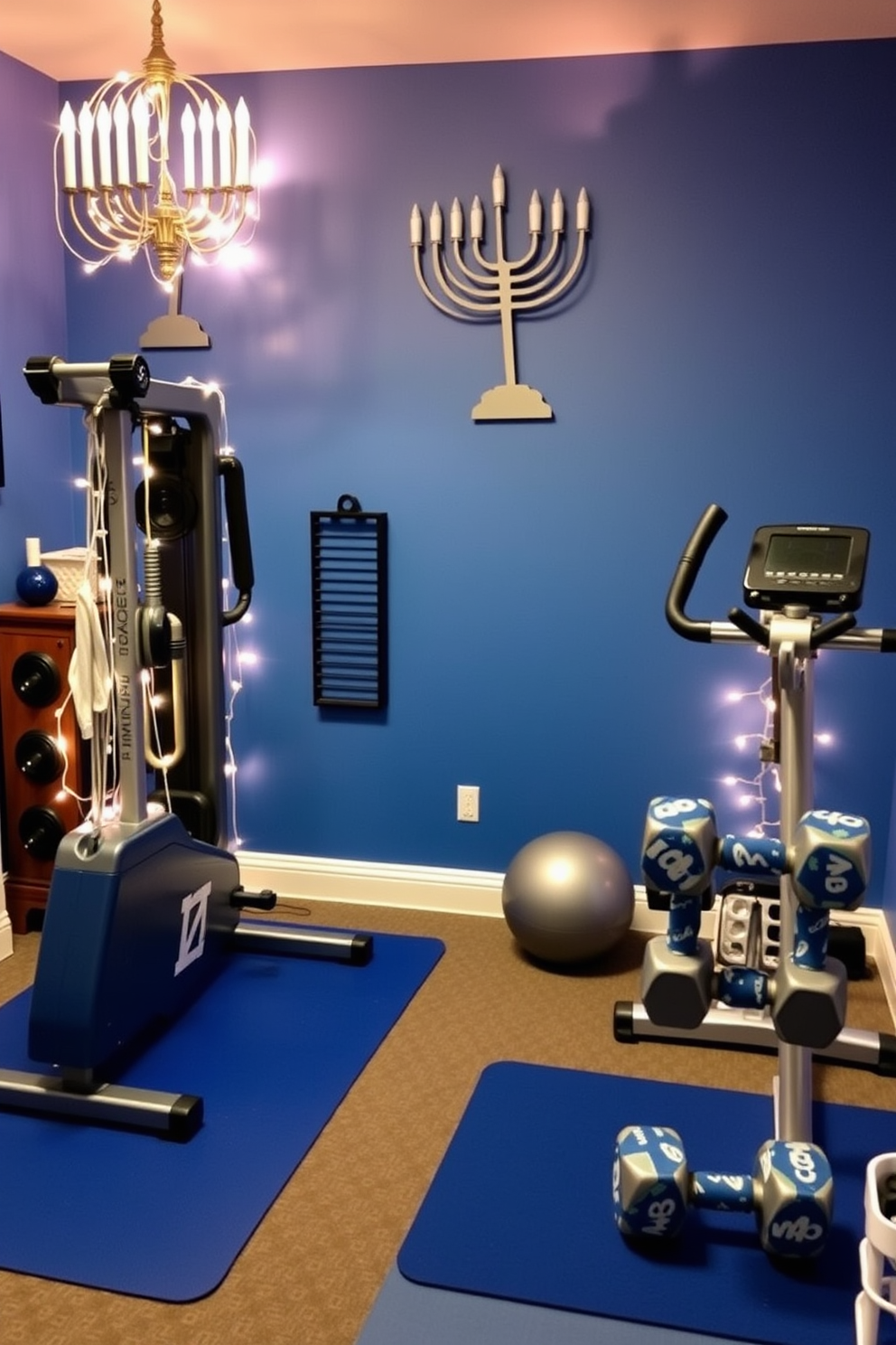 Create a cozy home gym decorated for Hanukkah. The space features a blue and silver color scheme with menorah-inspired wall art and string lights adorning the equipment. Incorporate festive elements like a dreidel-shaped yoga mat and weighted dumbbells wrapped in holiday-themed fabric. Add a sound system ready to play an upbeat Hanukkah-themed workout playlist to energize your exercise routine.