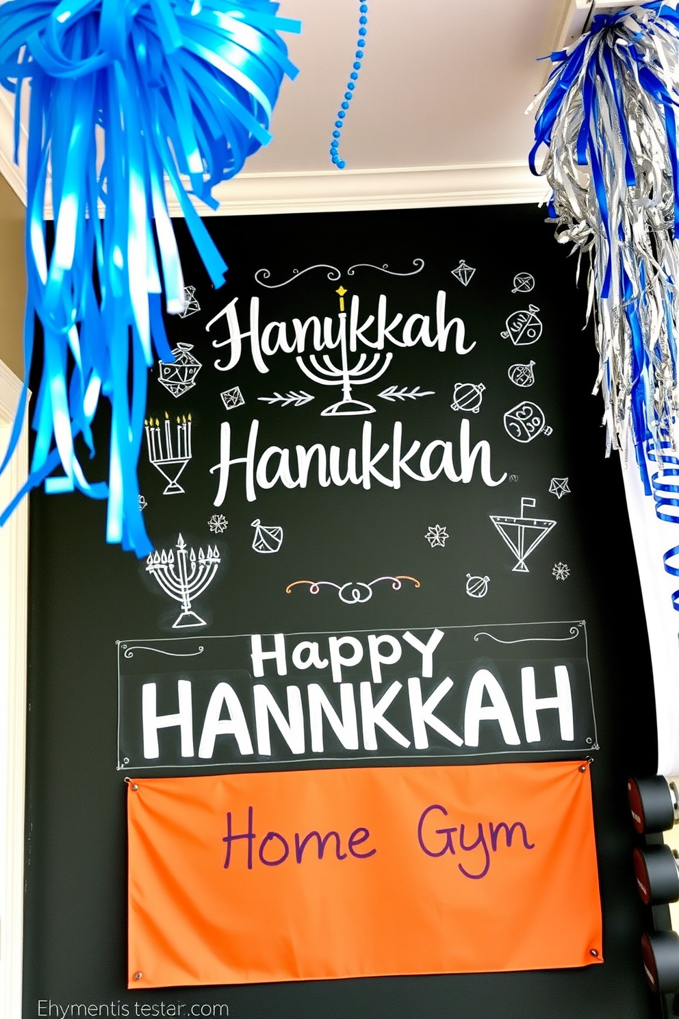 A holiday-themed chalkboard sign features festive lettering in white and gold, surrounded by hand-drawn illustrations of menorahs and dreidels. The background is a rich dark green, creating a warm and inviting atmosphere for Hanukkah celebrations. The home gym is adorned with decorations that reflect the spirit of Hanukkah, including blue and silver streamers hanging from the ceiling. A large banner with 