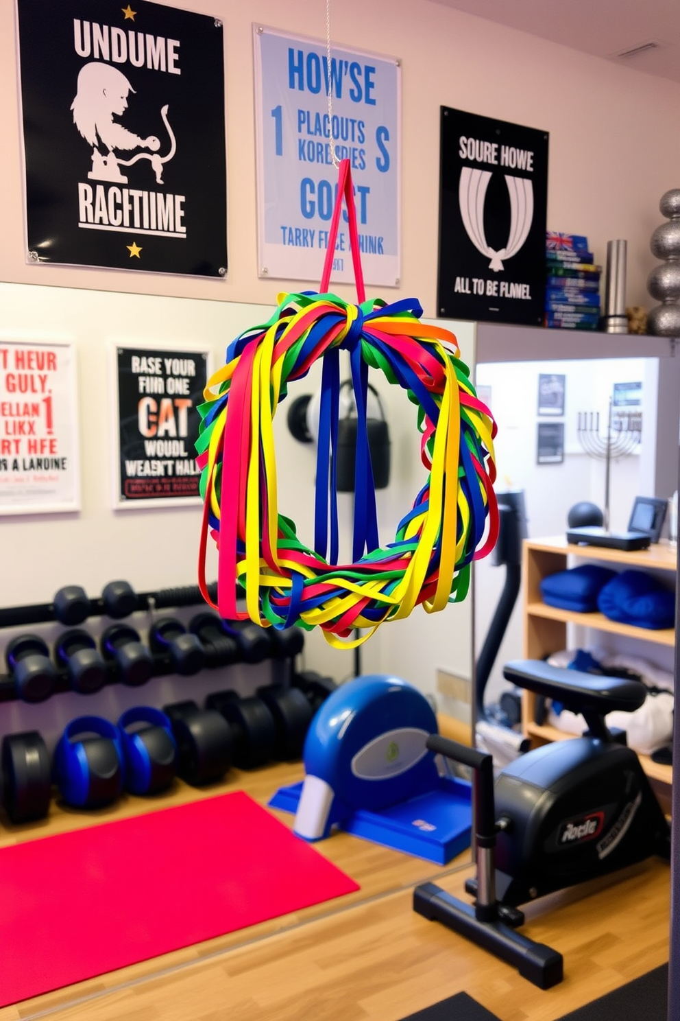 A vibrant home gym setting adorned with a wreath made of colorful exercise bands. The wreath is hung prominently on the wall, surrounded by motivational posters and fitness equipment neatly organized in the background. For Hanukkah, the space is decorated with blue and silver accents, including a menorah placed on a shelf. Soft lighting creates a warm atmosphere, enhancing the festive spirit while maintaining a functional workout environment.