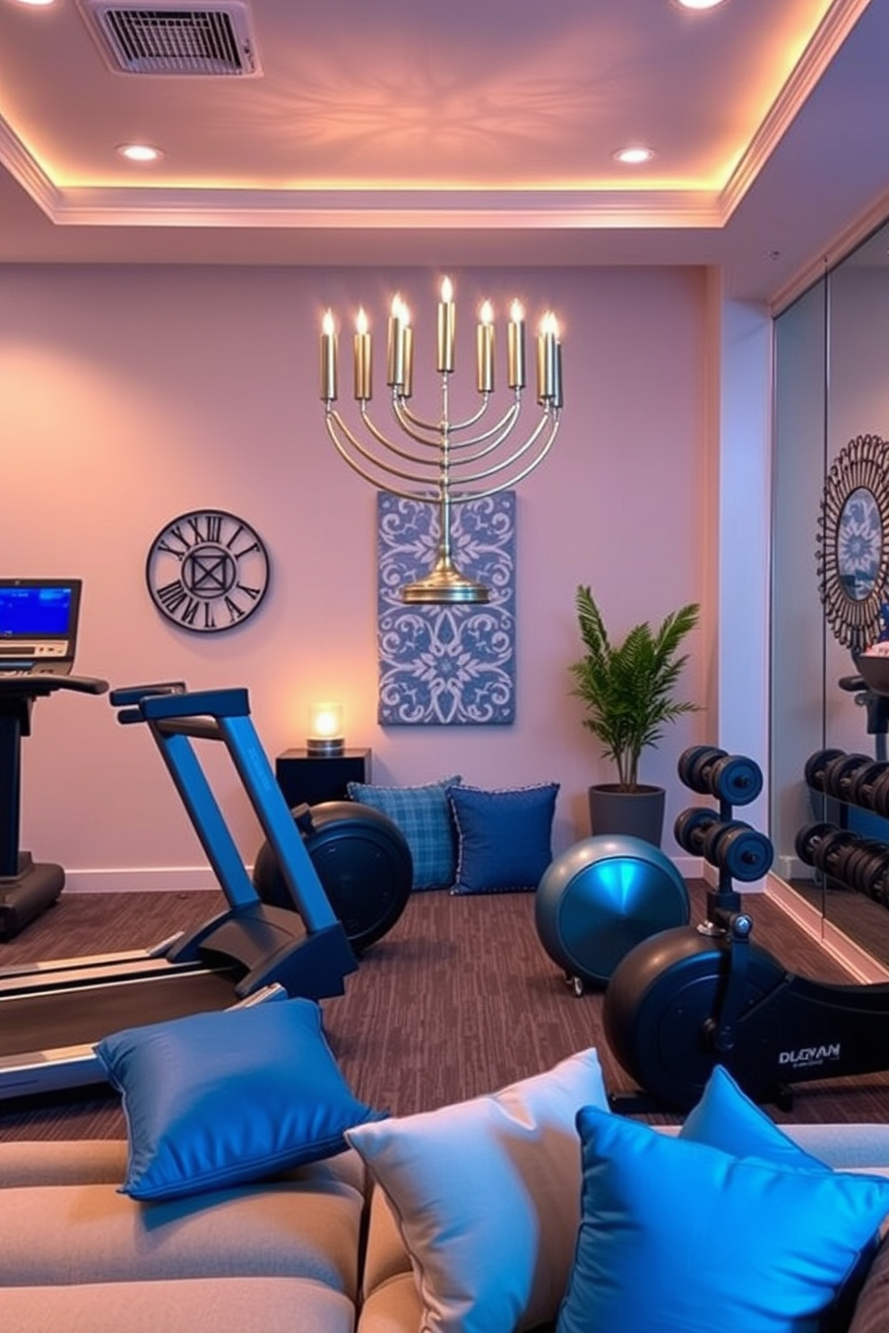 A stylish home gym with a menorah as a centerpiece. The space features modern workout equipment, including a sleek treadmill and weights, surrounded by soft ambient lighting. Decorative elements reflect Hanukkah themes, with blue and silver accents throughout the room. A cozy seating area with comfortable cushions provides a perfect spot for relaxation after a workout.