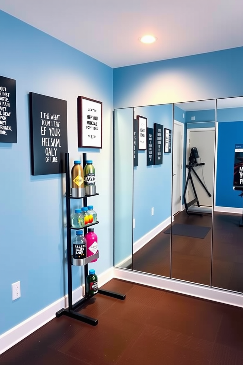 A modern home gym featuring themed water bottles as decor elements. The walls are painted in a calming blue, with motivational quotes framed and hung around the space. In one corner, a sleek rack displays colorful water bottles adorned with festive Hanukkah designs. The flooring is covered in a durable rubber mat, and a large mirror reflects the bright lighting overhead.