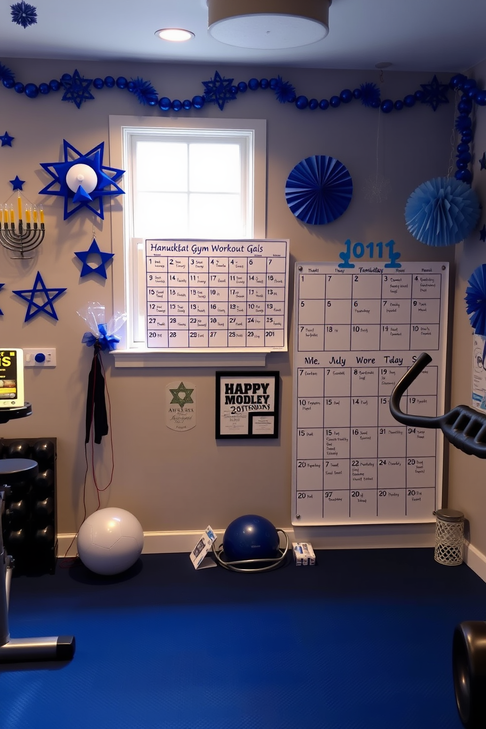 A vibrant home gym decorated for Hanukkah. The walls are adorned with blue and white decorations, including stars and menorahs, while a large calendar highlights daily workout goals and festive activities throughout the holiday season.