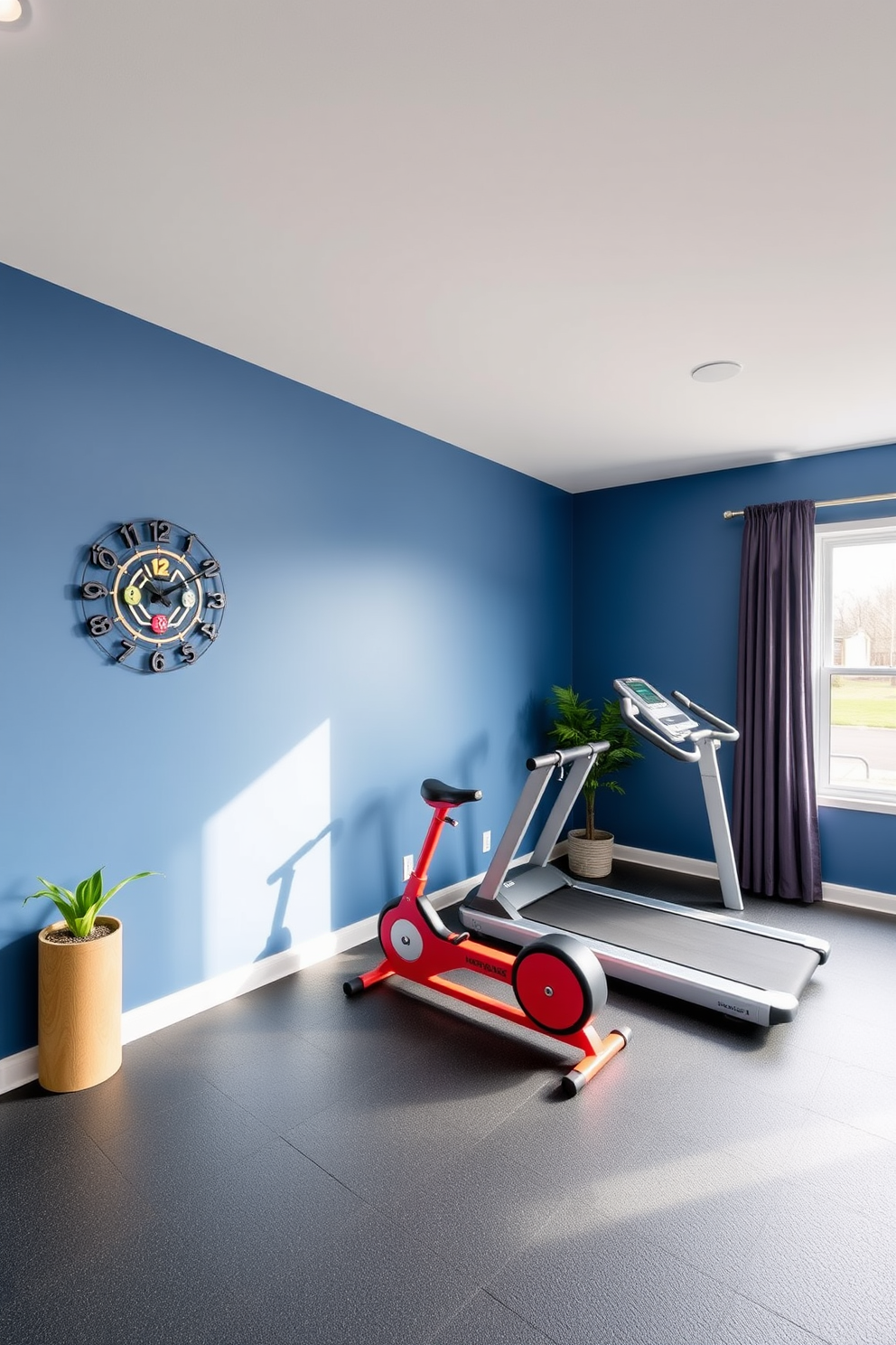 A stylish home gym featuring a large window that lets in natural light. The walls are painted in a calming blue hue, and the flooring is a durable rubber material for comfort during workouts. On the wall, a Hanukkah-themed wall clock adds a festive touch, showcasing traditional symbols in a modern design. Brightly colored exercise equipment is neatly arranged, and a small potted plant sits in the corner to enhance the ambiance.