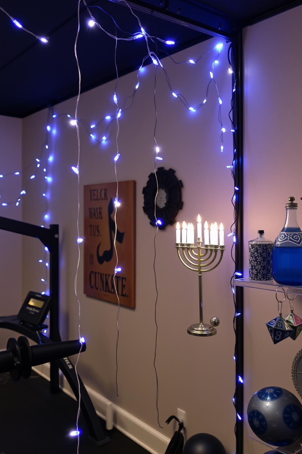 Hang blue and white string lights to create a festive atmosphere in a home gym. The lights should be draped along the walls and ceiling, adding a warm glow to the space while complementing the workout equipment. Incorporate Hanukkah decorating ideas by placing a menorah on a prominent shelf. Add decorative elements like dreidels and blue and silver accents to enhance the holiday spirit in the gym area.