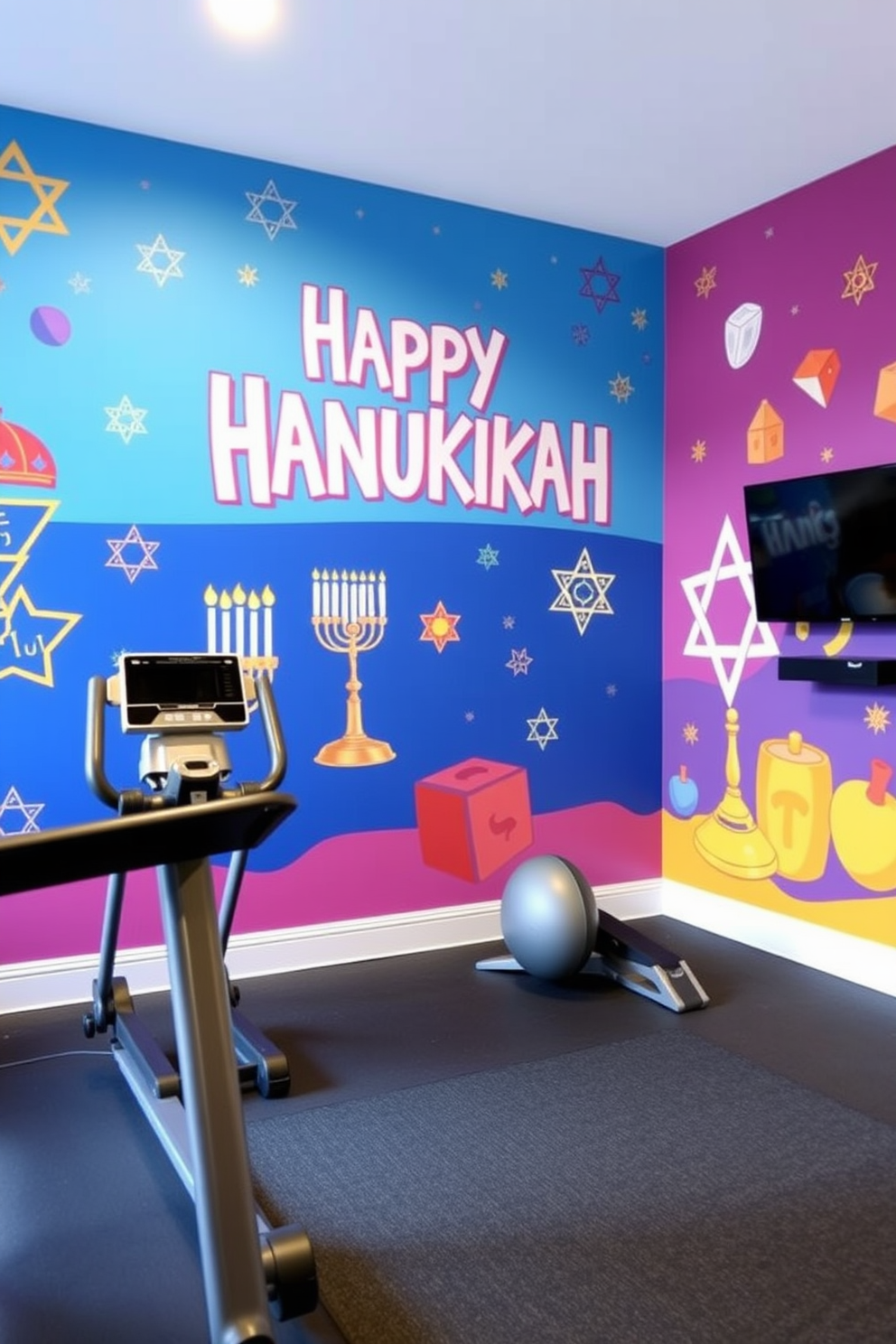 A vibrant home gym adorned with a festive wall mural celebrating Hanukkah. The mural features traditional symbols such as menorahs and dreidels, creating an inspiring and joyful atmosphere for workouts.