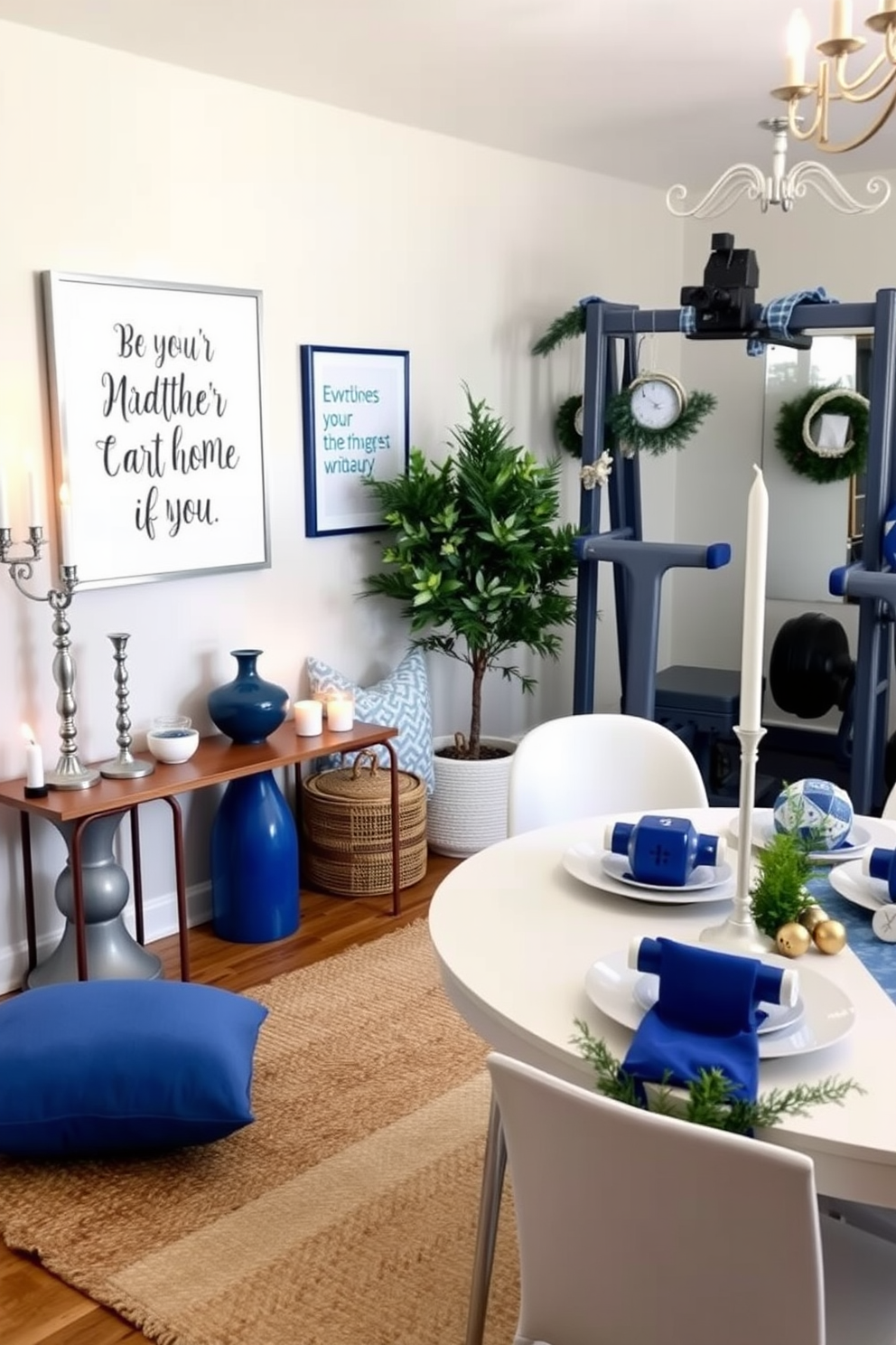 A serene Hanukkah-themed meditation corner features a soft blue and white color palette. A comfortable floor cushion sits on a woven rug, surrounded by menorahs and candles that create a warm glow. The home gym is infused with Hanukkah spirit through festive decorations and motivational wall art. Bright blue and silver accents adorn the space, while a menorah stands proudly on a shelf, adding a touch of celebration. Hanukkah decorating ideas encompass elegant table settings with dreidels and gelt as centerpieces. Soft lighting and seasonal greenery enhance the ambiance, creating a welcoming atmosphere for gatherings.