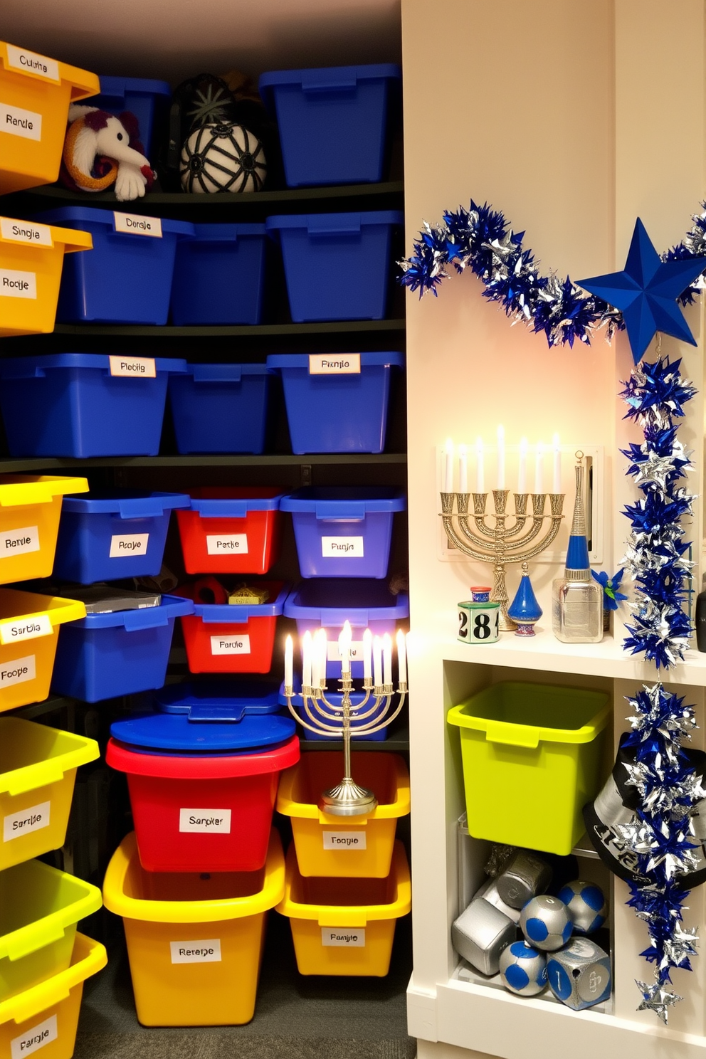 A vibrant home gym featuring colorful storage bins neatly arranged along the walls. Each bin is labeled for easy access to equipment, creating an organized and inviting workout space. Festive Hanukkah decorations adorn the room, with blue and silver accents enhancing the atmosphere. A beautifully lit menorah sits on a shelf, surrounded by decorative dreidels and a garland of stars.