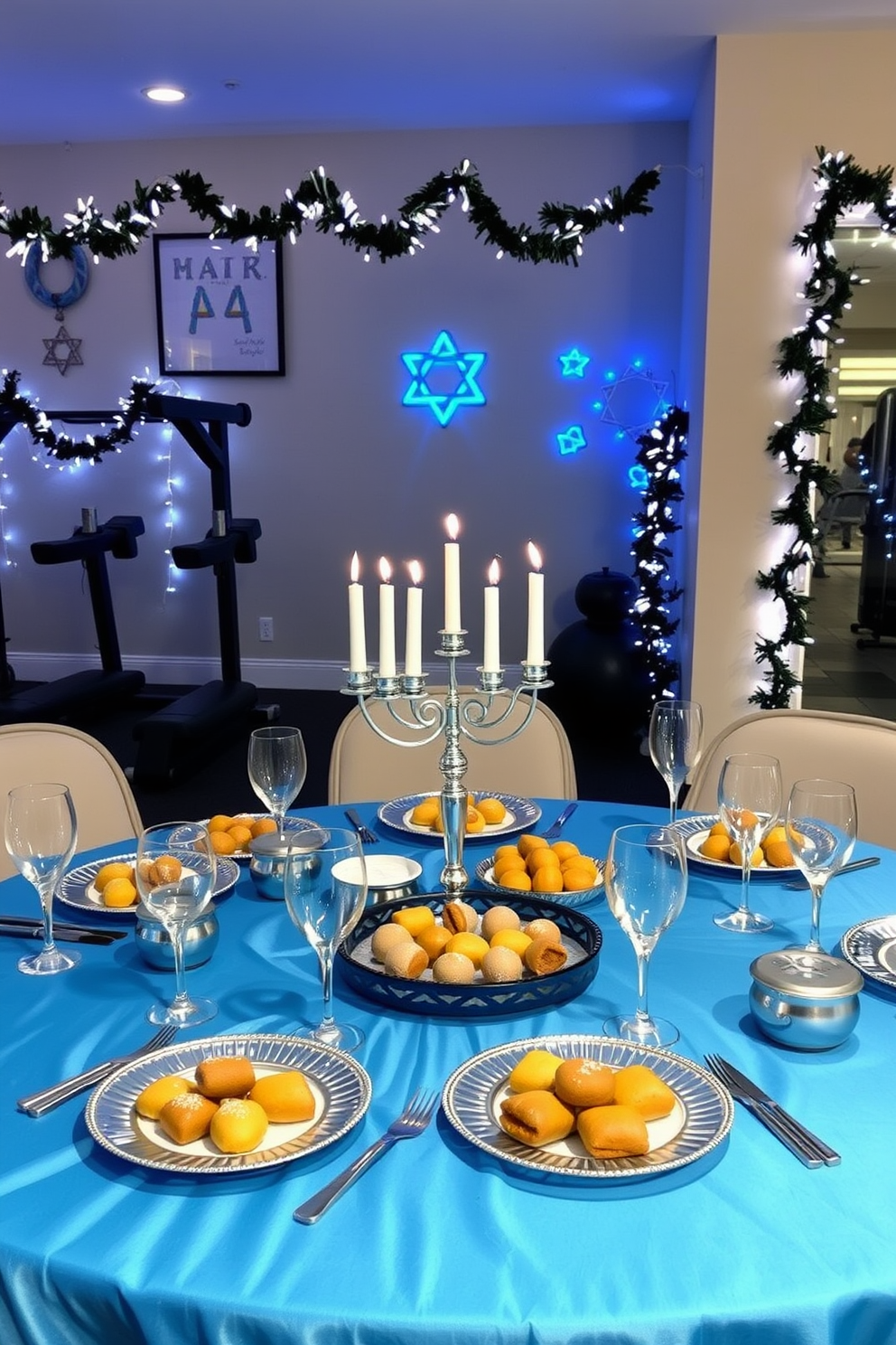 A festive table is elegantly set for refreshments, adorned with a vibrant blue tablecloth and shimmering silver accents. The centerpiece features a menorah surrounded by an assortment of seasonal treats, including sufganiyot and gelt, complemented by sparkling wine glasses. The home gym is decorated with Hanukkah-themed elements, including wall art featuring dreidels and stars of David. Soft blue and white lighting creates a warm atmosphere, while decorative garlands hang from the equipment, adding a festive touch to the workout space.