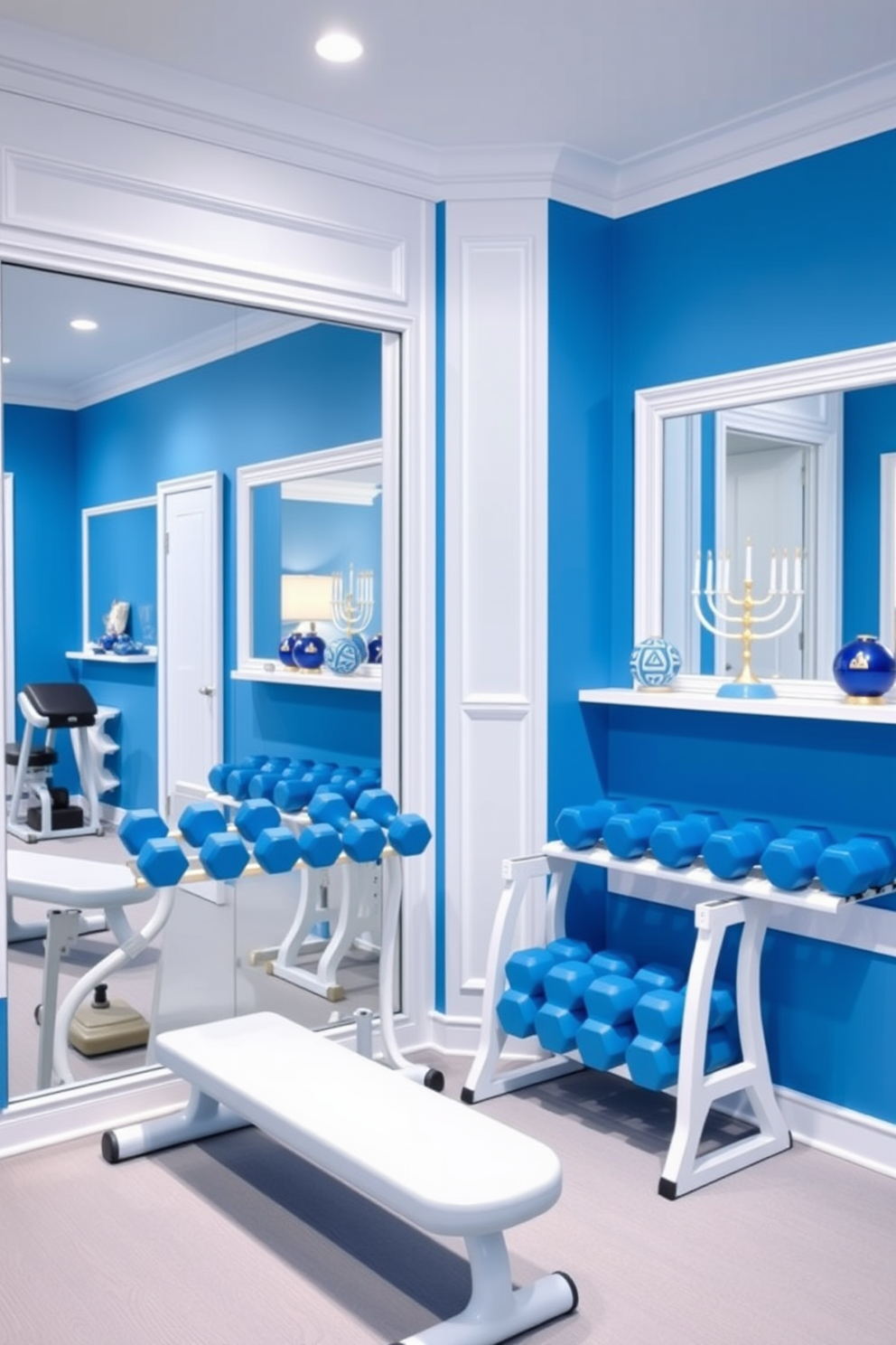 A modern home gym featuring a blue and white color scheme. The walls are painted in a soft blue, complemented by white trim and accents, creating a serene workout environment. In one corner, there is a sleek white weight bench and a set of blue dumbbells neatly arranged on a white rack. Large mirrors reflect the space, enhancing the sense of openness and light. For Hanukkah decorating ideas, a beautiful blue and white theme is carried throughout the room. Menorahs and dreidels in these colors are strategically placed on shelves, adding a festive touch while maintaining the gym's aesthetic.