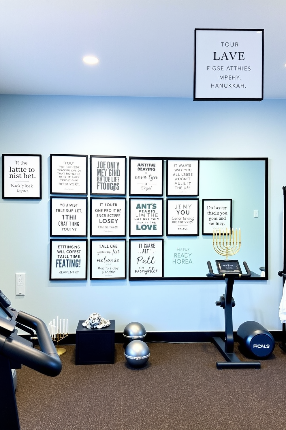 Create a motivational quote wall featuring a collection of inspiring phrases framed in sleek black frames. The wall is painted in a calming light blue color, and the quotes are arranged in an appealing grid pattern. Design a home gym that combines functionality and style. The space includes modern workout equipment, a large mirror, and motivational artwork on the walls. Incorporate Hanukkah decorating ideas that blend traditional and contemporary elements. Use a color palette of blue, silver, and white, with decorative menorahs and star of David accents throughout the space.