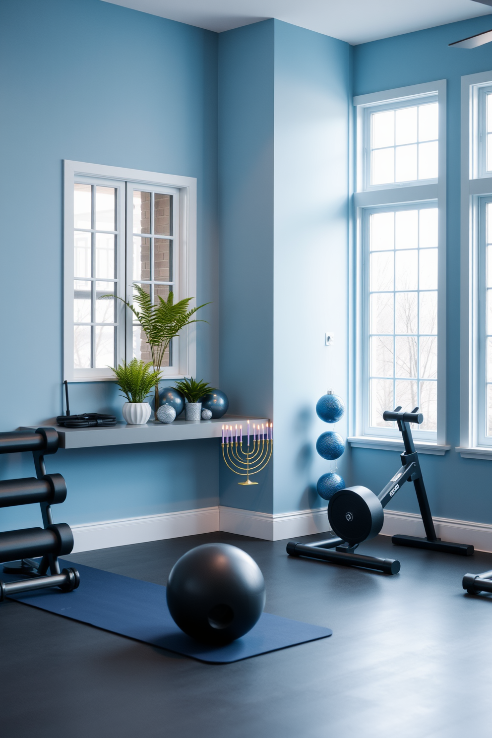 A bright and inviting home gym space features large windows that allow natural light to flood the room. The walls are painted in a calming blue tone, and a variety of fitness equipment is neatly arranged, including weights and yoga mats. A seasonal plant, such as a small potted fern, adds a touch of greenery to the corner of the room, enhancing the overall atmosphere. The flooring is a durable rubber material, providing comfort and support during workouts. The Hanukkah decorating ideas include a beautifully arranged menorah placed on a sleek shelf, surrounded by decorative blue and silver accents. Soft, warm lighting creates a cozy ambiance, highlighting the festive decorations and making the space feel inviting.