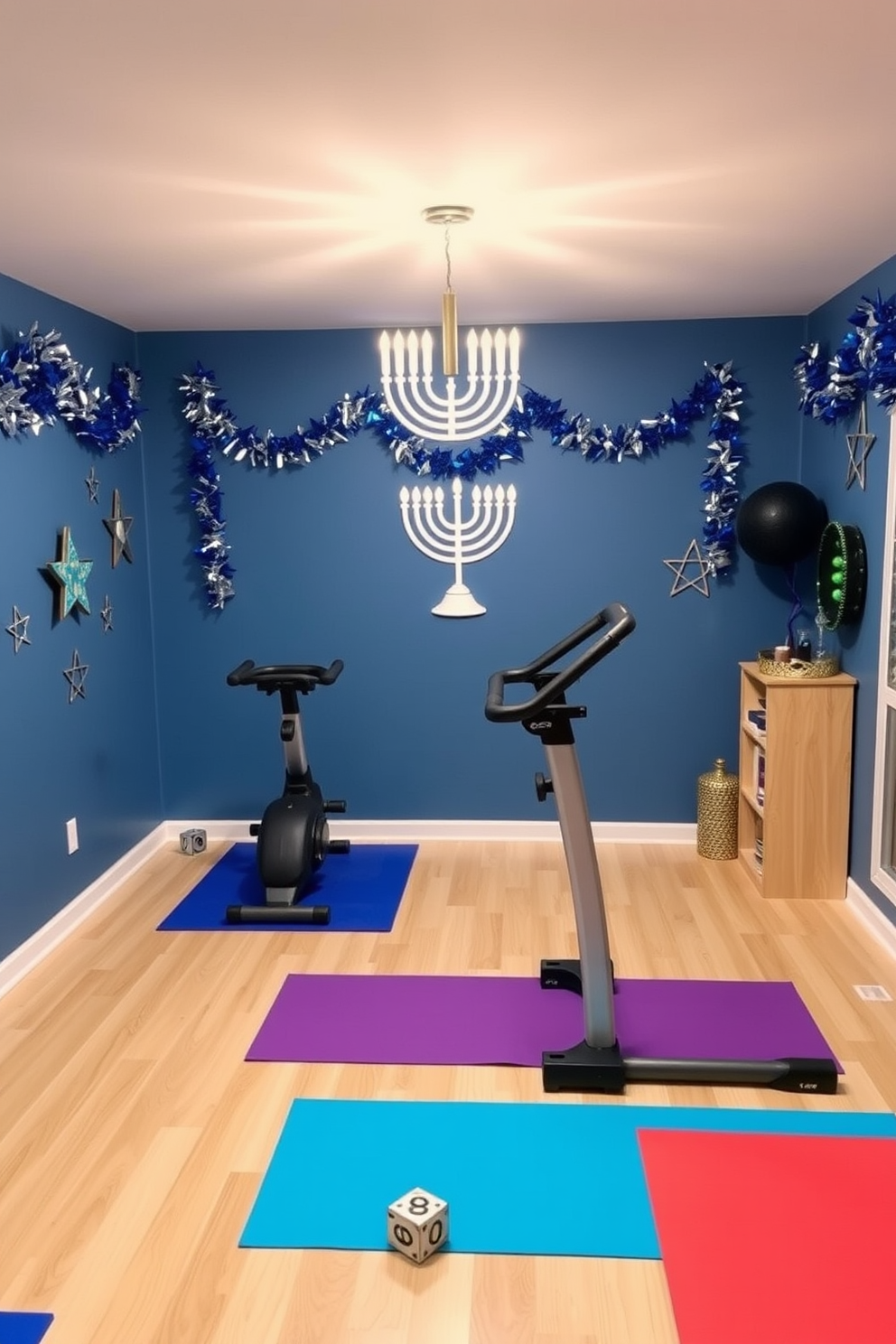 A cozy home gym adorned with Hanukkah decorations. The walls are painted in a calming blue, featuring a large menorah and festive garlands of blue and silver. Brightly colored exercise mats are placed on a light wooden floor. Decorative dreidels and Star of David accents are scattered throughout the space, creating a festive atmosphere.