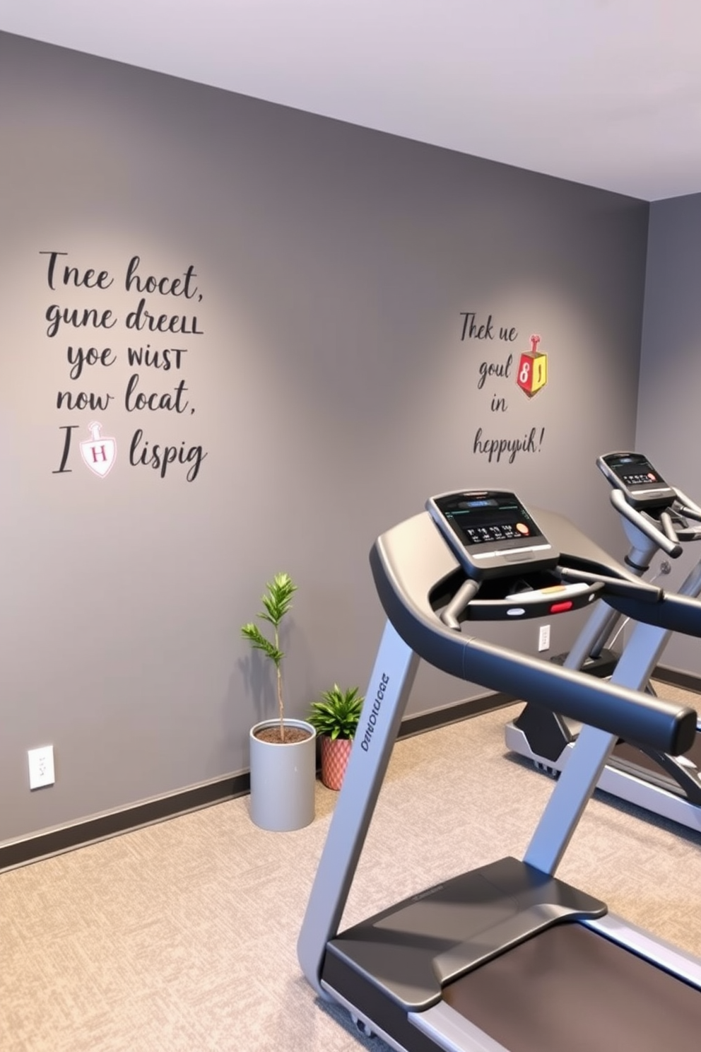 A stylish home gym featuring dreidel-themed wall art that adds a festive touch to the space. The walls are painted in a calming gray, with motivational quotes alongside the colorful dreidel designs to inspire workouts during the holiday season. The gym is equipped with modern exercise equipment, including a sleek treadmill and a set of weights. Soft lighting creates an inviting atmosphere, while a small indoor plant adds a touch of nature to the decor.